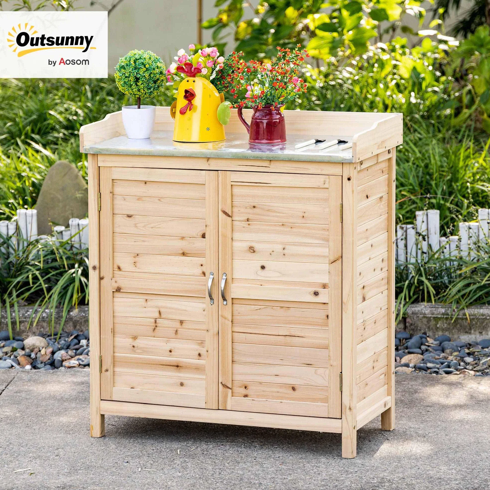 Outsunny Armoire de jardin bois avec table basse 83x40x92 cm