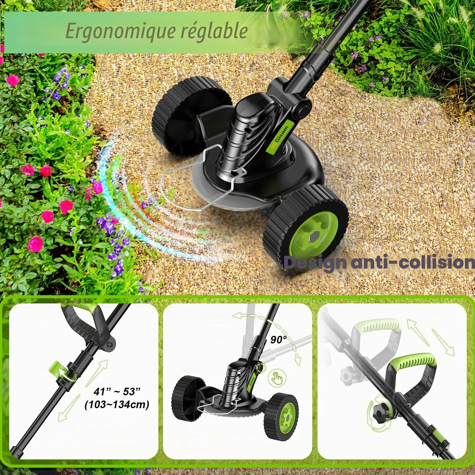 Tondeuse à Gazon avec Batterie,8" Débroussailleuse sans balais avec 2x4.0AH de Batterie, Coupe-Bordure de Jardin avec 3 Types de Lames, Roues Amovibles, Réglage télescopique pour Gazon Jardin