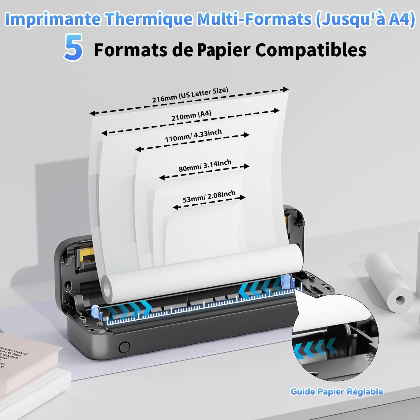Phomemo M833 Imprimante Thermique A4 300 DPI sans Encre, Batterie 2600mAh, Compatible PC Android iOS Noir