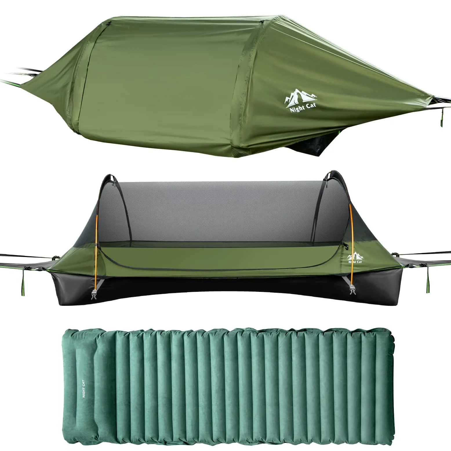 Night Cat Hamac Tente Fond Plat pour 1 Personne avec Moustiquaire Couverture Imperméable et Espace de Rangement Supplémentaire Randonnée Camping dans Jardin Arrière Cour Sauvage Vert Pro