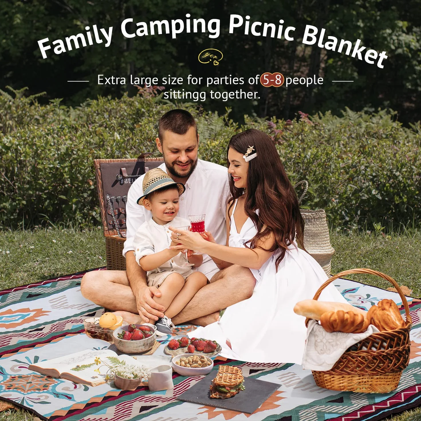 LARUTAN Grande couverture de pique-nique imperméable, 200 x 200 cm, tapis de plage avec poignée de transport, résistant au sable et à la chaleur, pour camping, plage, pique-nique familial, Seattle