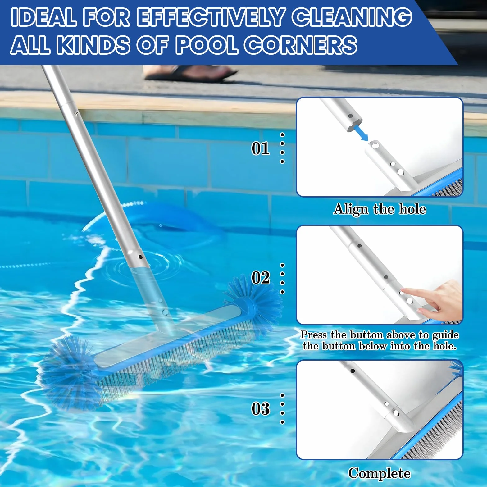 Brosse Piscine Ronde LALAGO avec Perche Amovible Poils Hémisphériques pour Mur et Carrelage