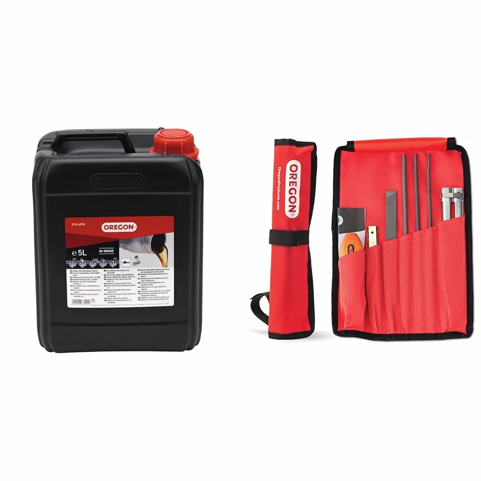 Oregon - Huile pour Chaîne et Guide-Chaîne de Tronçonneuse, 5 L & Kit d'Affûtage Universel Portable pour Tronçonneuse, Limes Rondes 5/32" (4 mm) / 3/16" (4,8 mm) / 7/32" (5,5 mm), Lime Plate, Manche