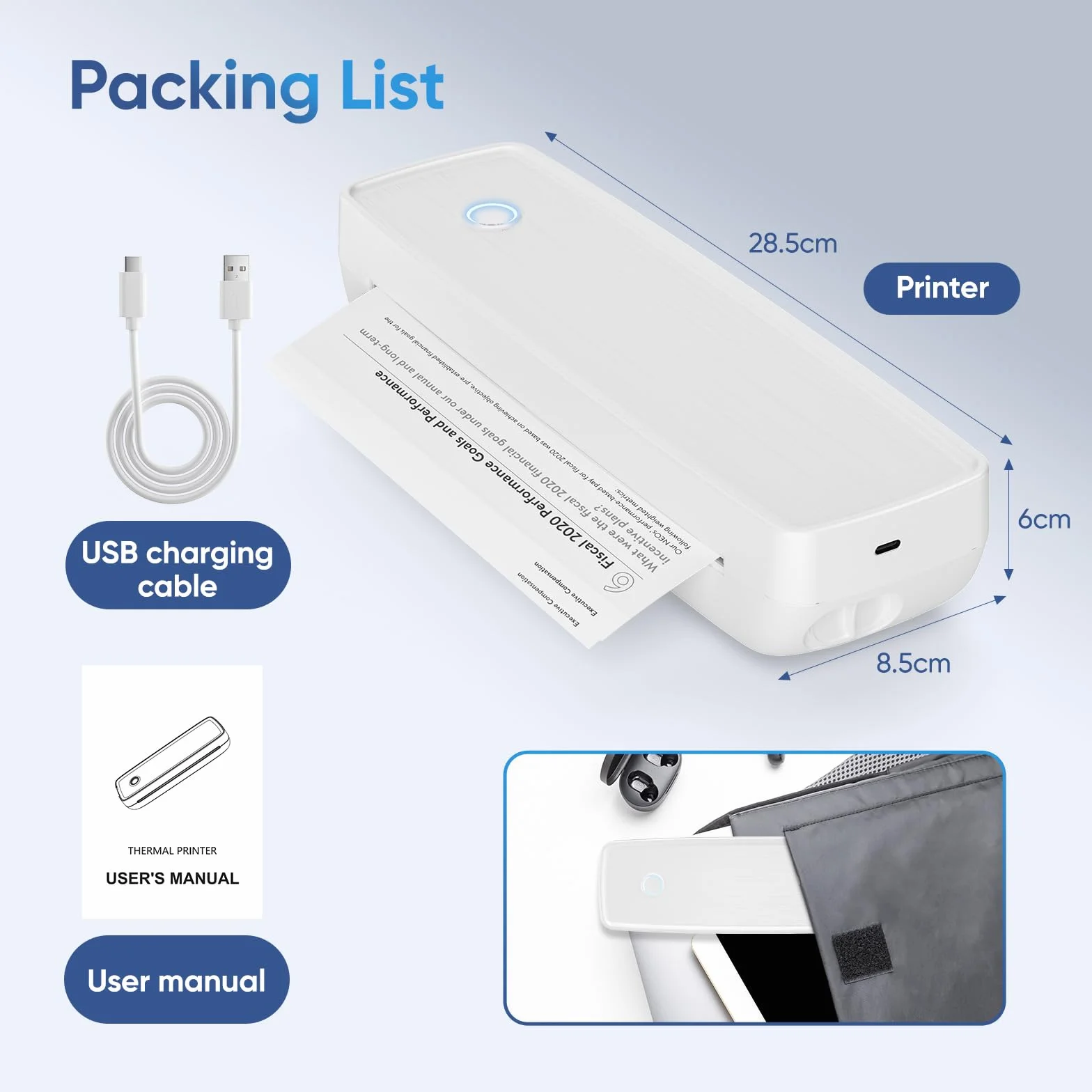 Imprimante Thermique sans Encre A4 Portable sans Bluetooth pour Voyage Maison Compatible Android iOS Blanc