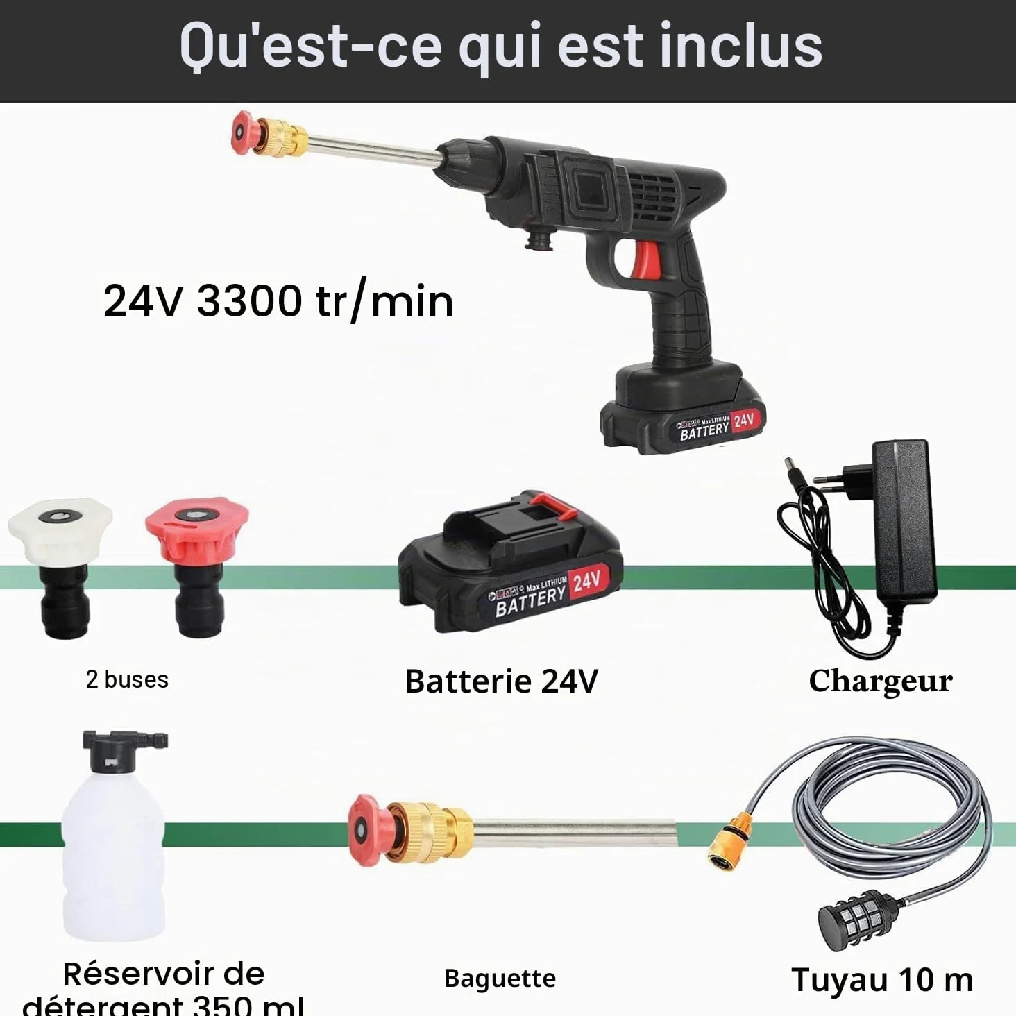 Kit de nettoyage à pression sans fil 24 V Batterie 1500 mAh 3 buses Nettoyeur haute pression portable pour voitures, sols et fleurs