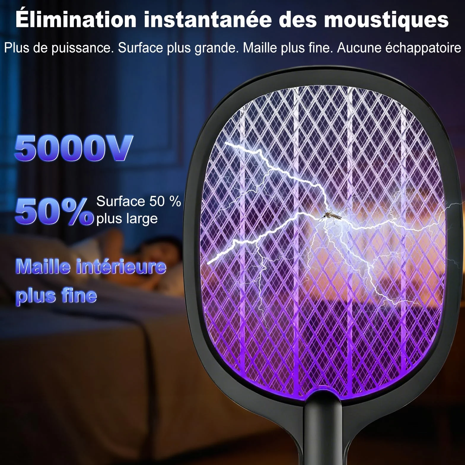 Raquette Anti Moustique Électrique 5000V Rechargeable USB-C avec Base Batterie 2000mAh Noir