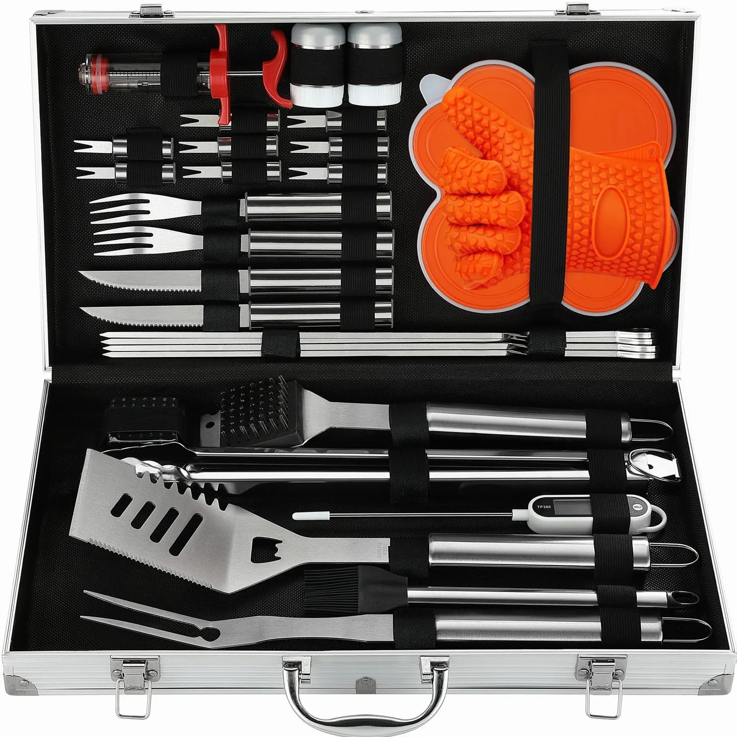 N NOBLE FAMILY 30Pcs Set Barbecue Accessoire en Acier Inoxydable - Outils Barbecue Professionnel - Kit Cadeau