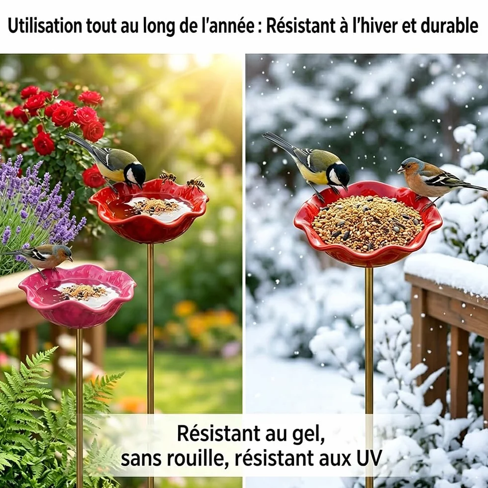 Bain d'Oiseaux Exterieur sur Pied Artisanal Fleur Ceramique 2 en 1 Abreuvoir Abeilles Mangeoire Oiseaux Jardin Rose