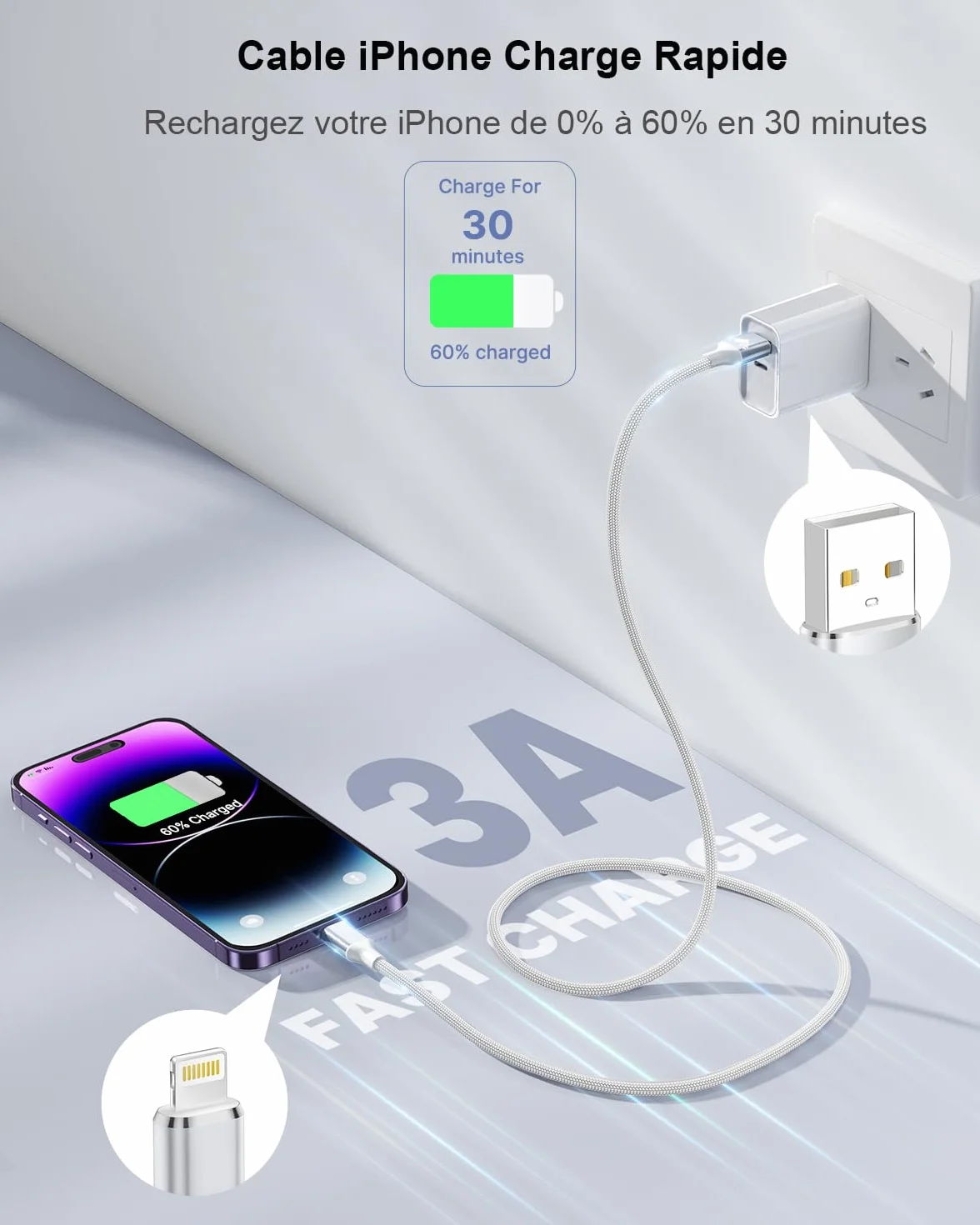 Câble iPhone 2M Lightning USB MFi Charge Rapide Nylon Tressé pour iPhone 14 13 12 11 Pro Max XS XR X 8 7 6 6s SE iPad