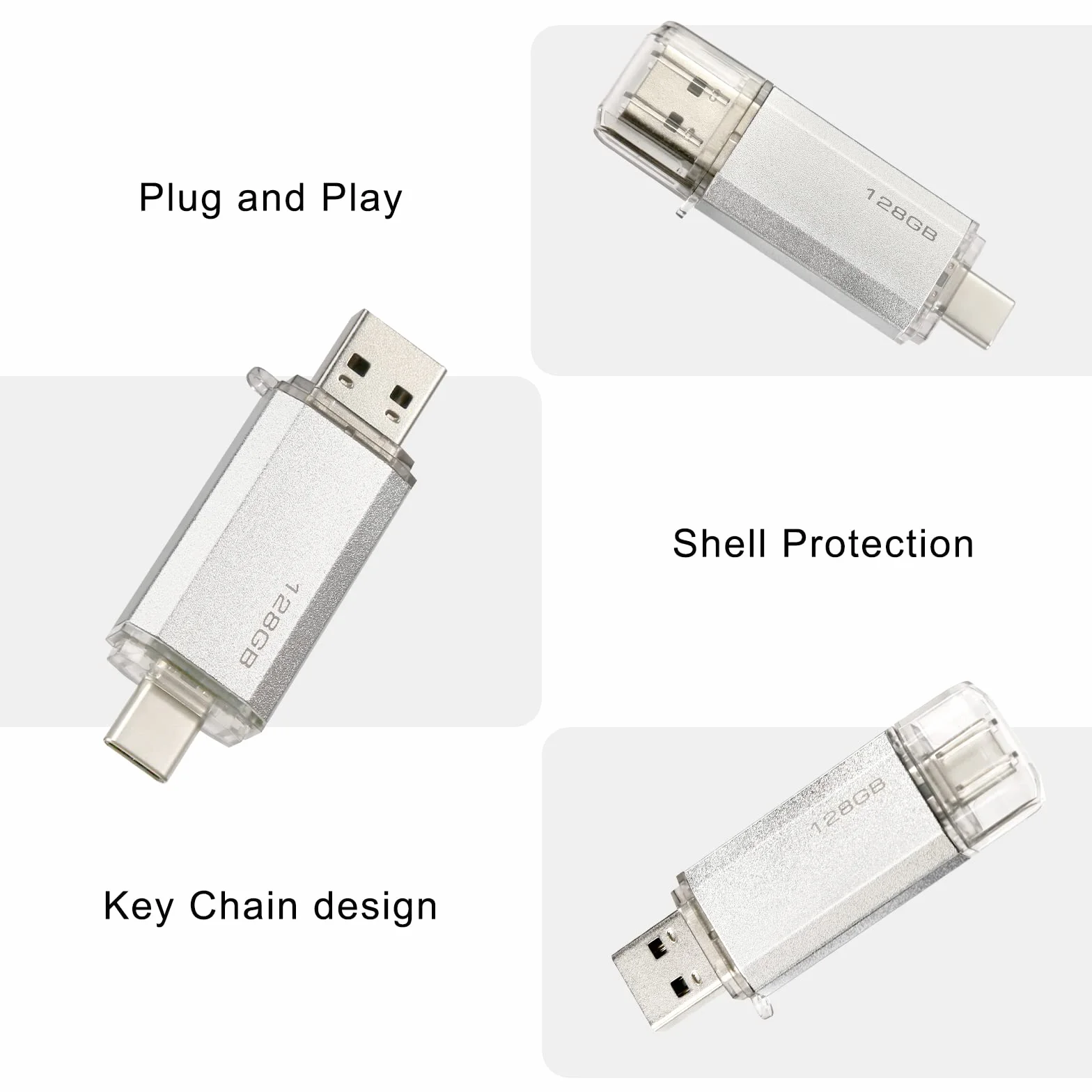 Clé USB C 128GB 2-en-1 Dual Connector OTG Type C Metal Flash Argent