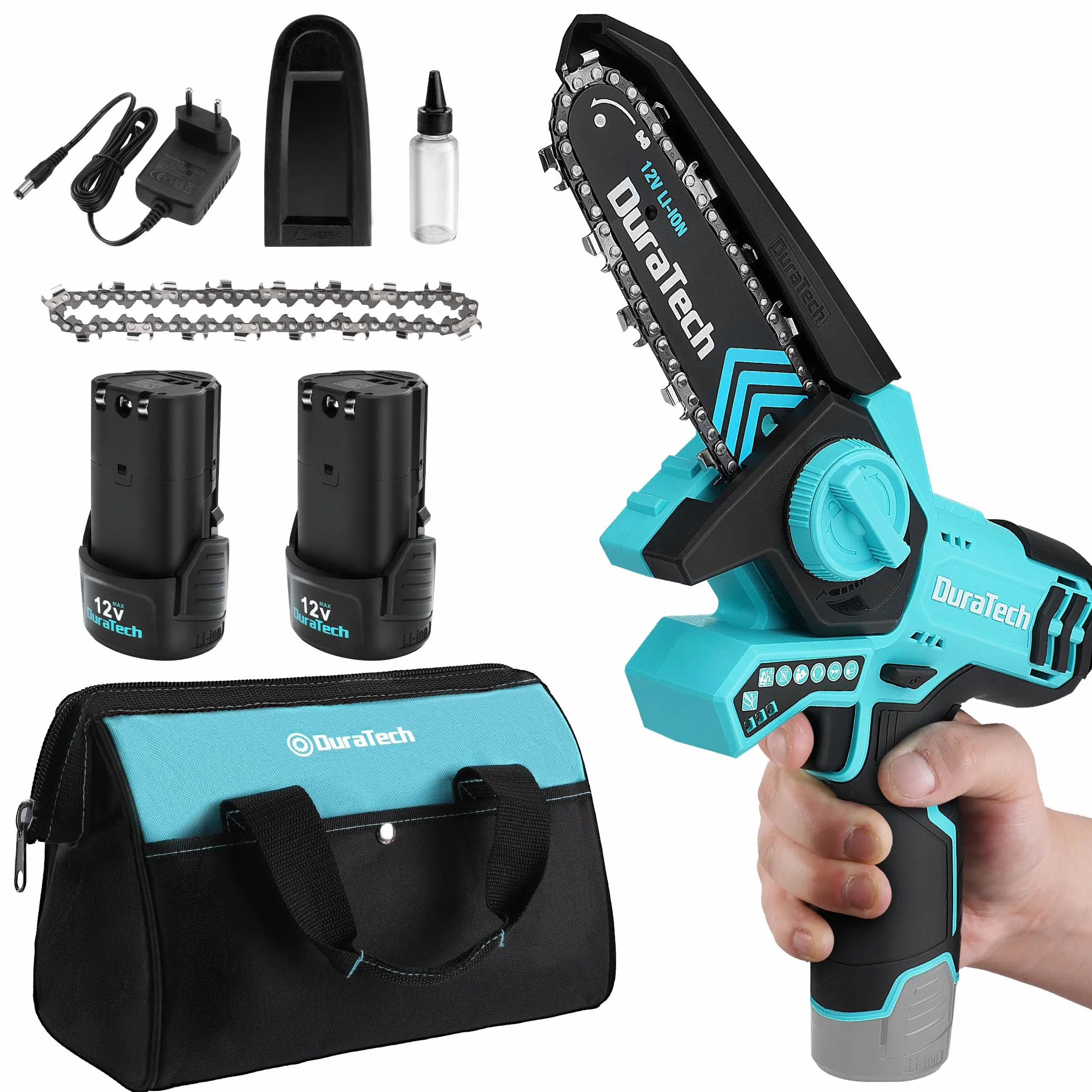 DURATECH Mini Tronçonneuse Sans Fil 12V, Scie Électrique 5 Pouces | 2 Batteries et 2 Chaînes, Idéale pour la Coupe du Bois et l'Élagage de Jardin