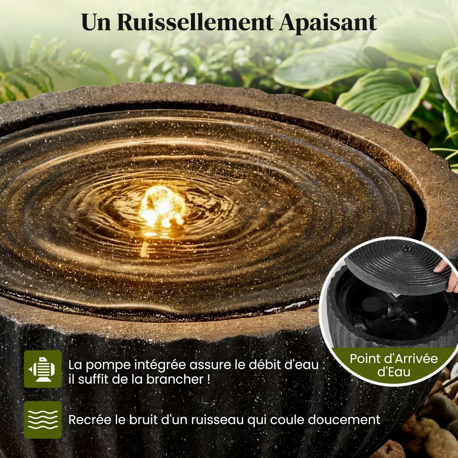 COSTWAY Fontaine Solaire d'Extérieur, Fontaine de Jardin Décorative avec 6 LED, Cascade Décoration en Forme de Bol Aspect Pierre en Résine Fibre de Verre pour Terrasse/Balcon, 45 x 45 x 23,5 cm