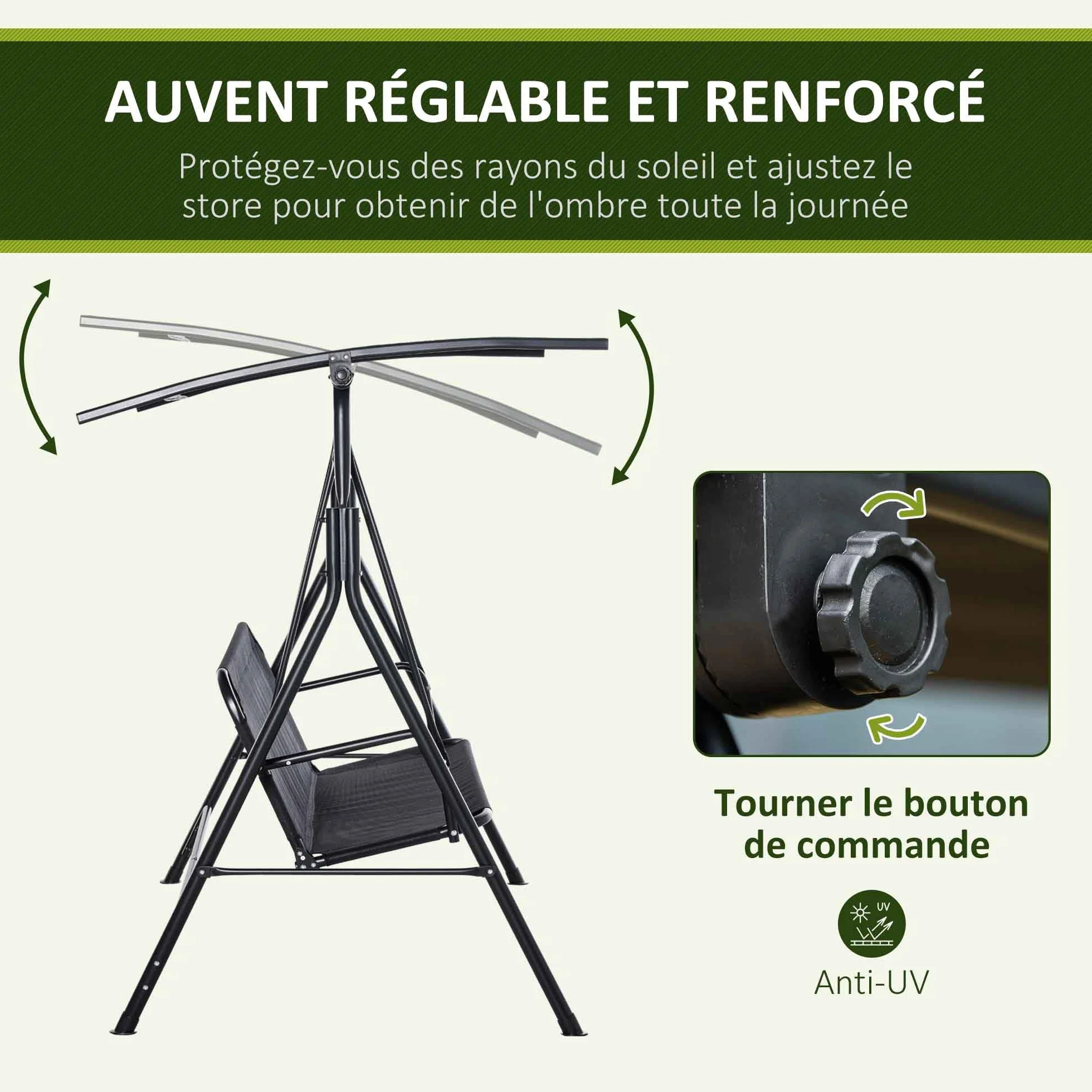 Outsunny Balancelle de Jardin 2 Places, Toit Inclinaison réglable, Structure Acier, 172x110x155 cm, Noir
