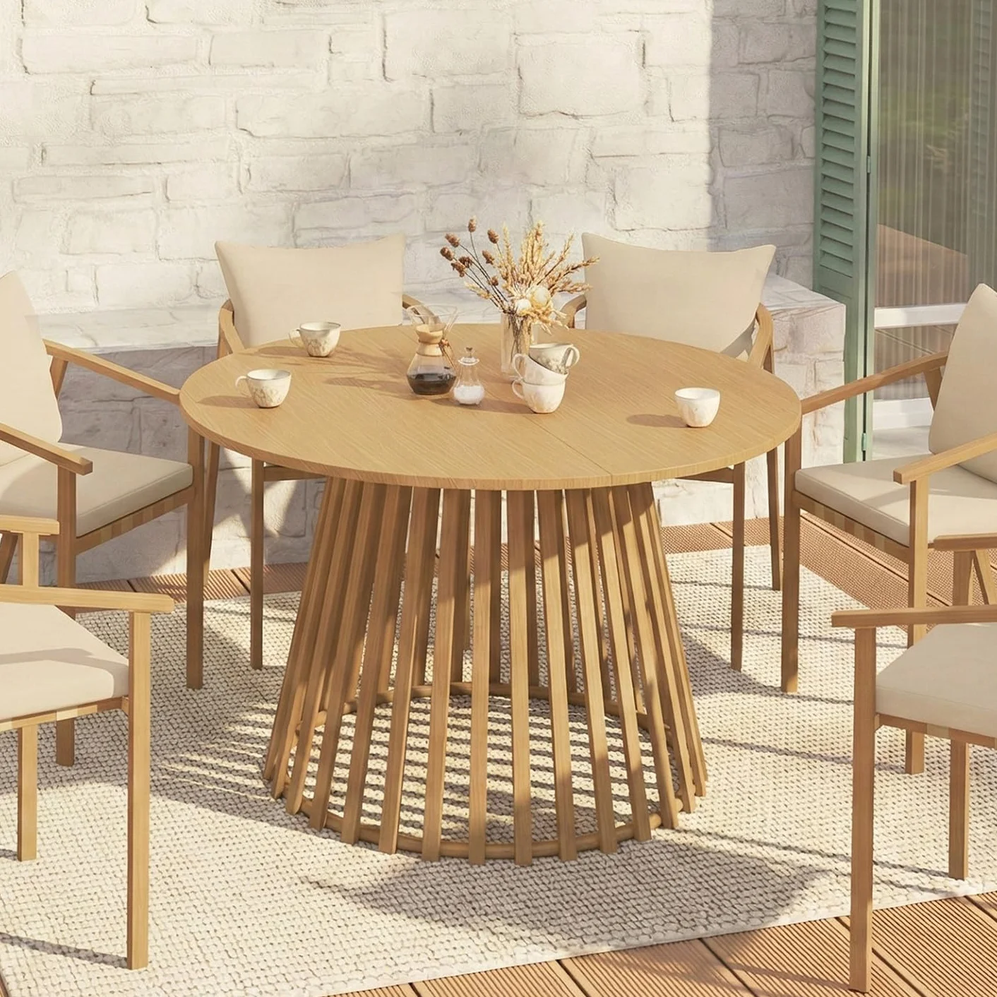 Table de Jardin Ronde SOLAL 120 cm 6 Personnes Pied Lattes Métal Effet Bois