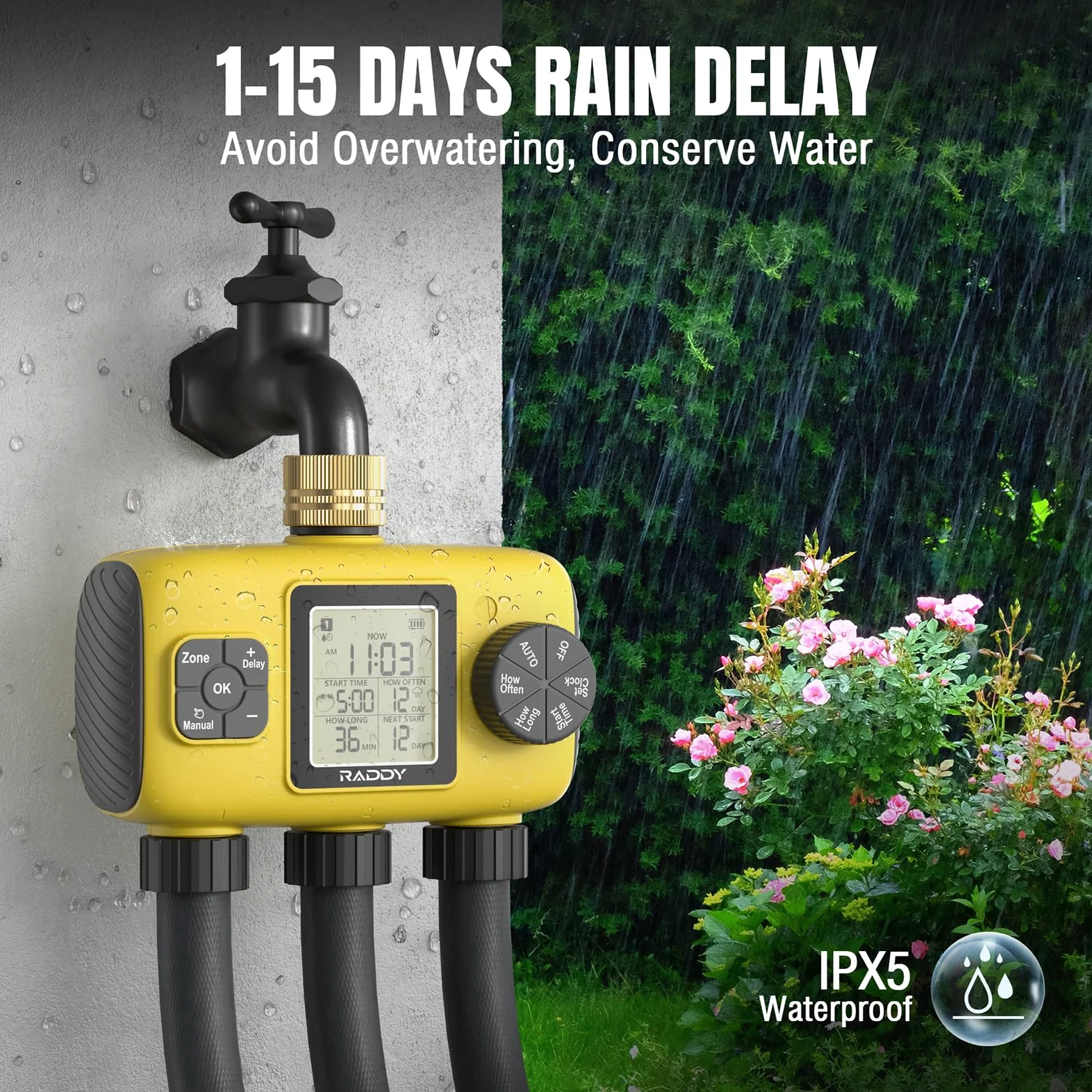 Raddy WS-8 Minuterie d'arrosage 3 Zones, Programmateur d'irrigation Automatique Intelligente, Arrosage Manuel, retardateur de Pluie, Grand écran LCD, IPX5 pour Jardins Cours