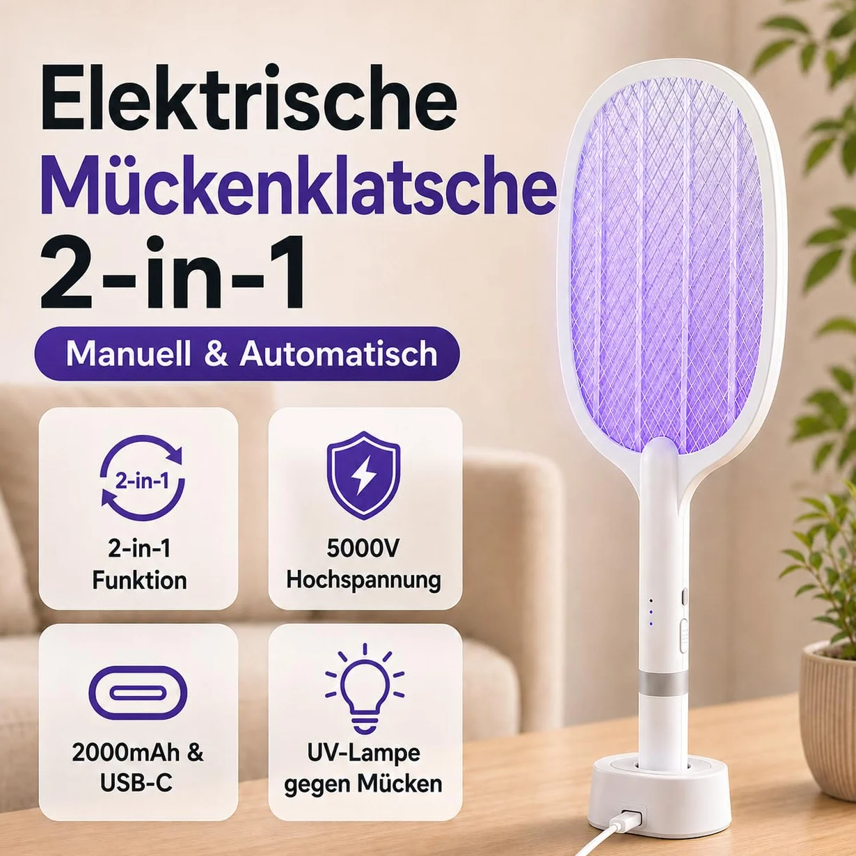 Raquette Electrique Insectes 5000V 2000mAh Anti Moustique UV USB-C Rechargeable 2 en 1 Intérieur Extérieur