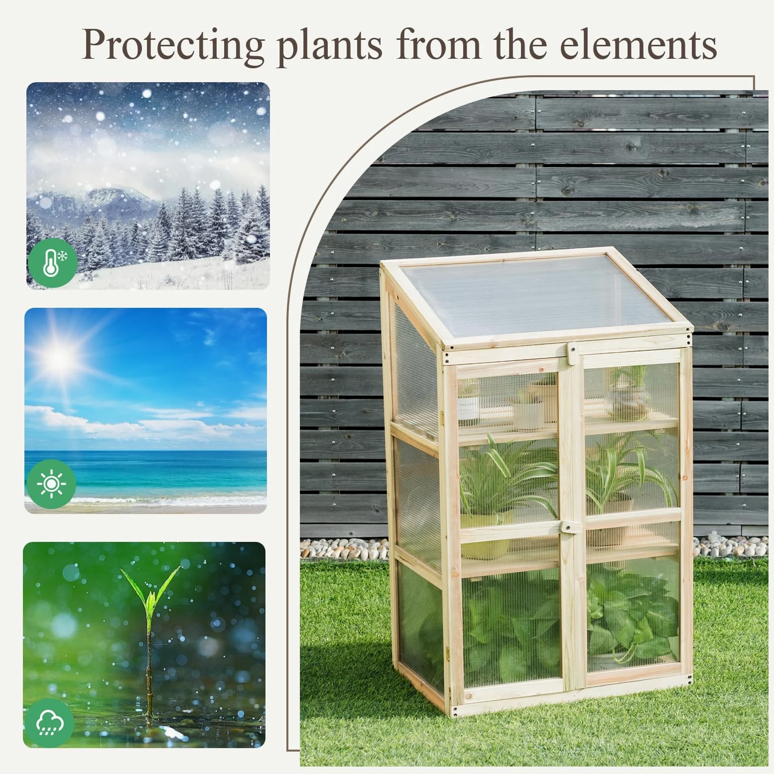 HOMASIS Serre de Balcon PC en Verre avec 2 Étagères | Mini Serre de Jardin en Bois d'Épicéa avec Portes pour Légumes Plantes Fleurs 60 x 45 x 100 cm Naturelle