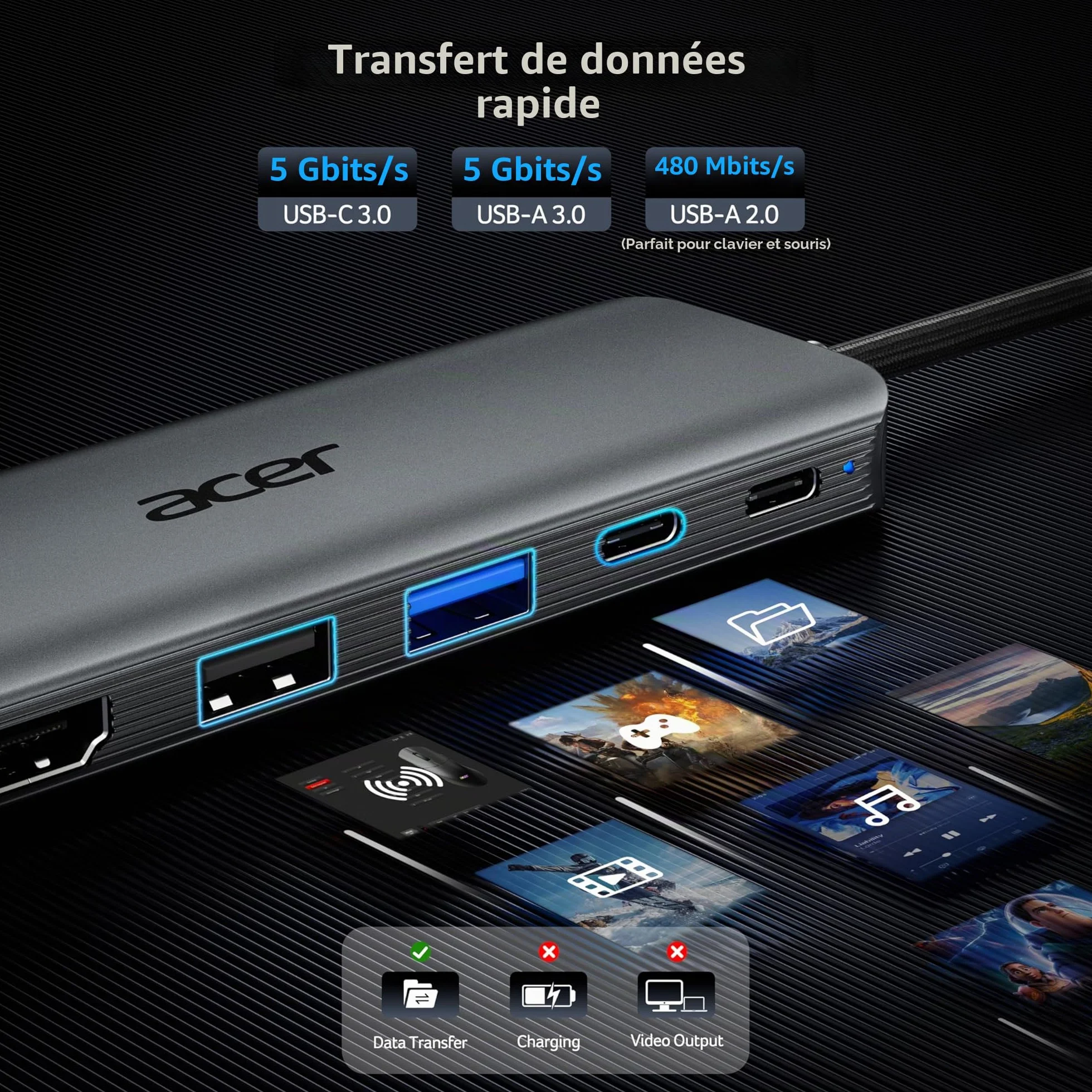 Acer Hub USB C 5 en 1, Adaptateur USB-C vers HDMI 4K@60Hz, USB A/C 5 Gbps, Charge PD 100W, Aluminium+Nylon pour MacBook, iPad Pro/Air