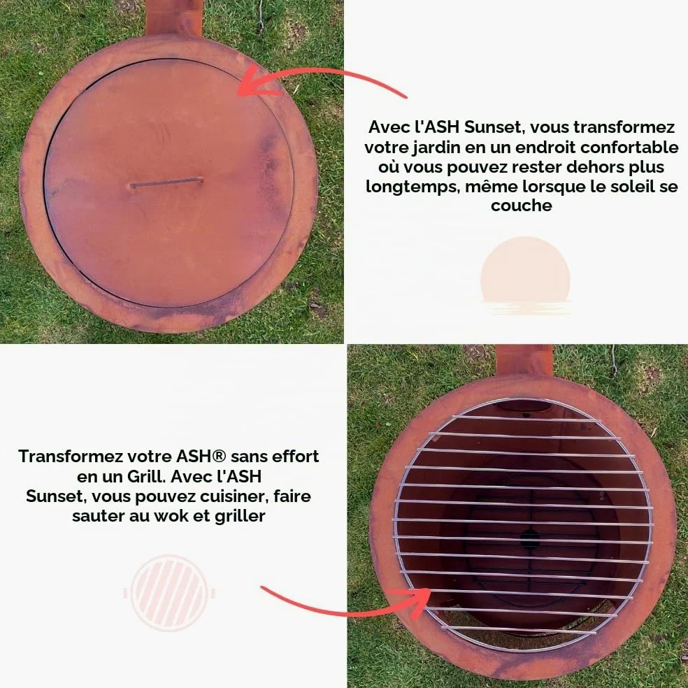 Foyer de terrasse - Poêle à bois - Barbecue - Chauffage de terrasse - Cheminée de jardin avec cheminée - Acier Corten - Ash Sunset