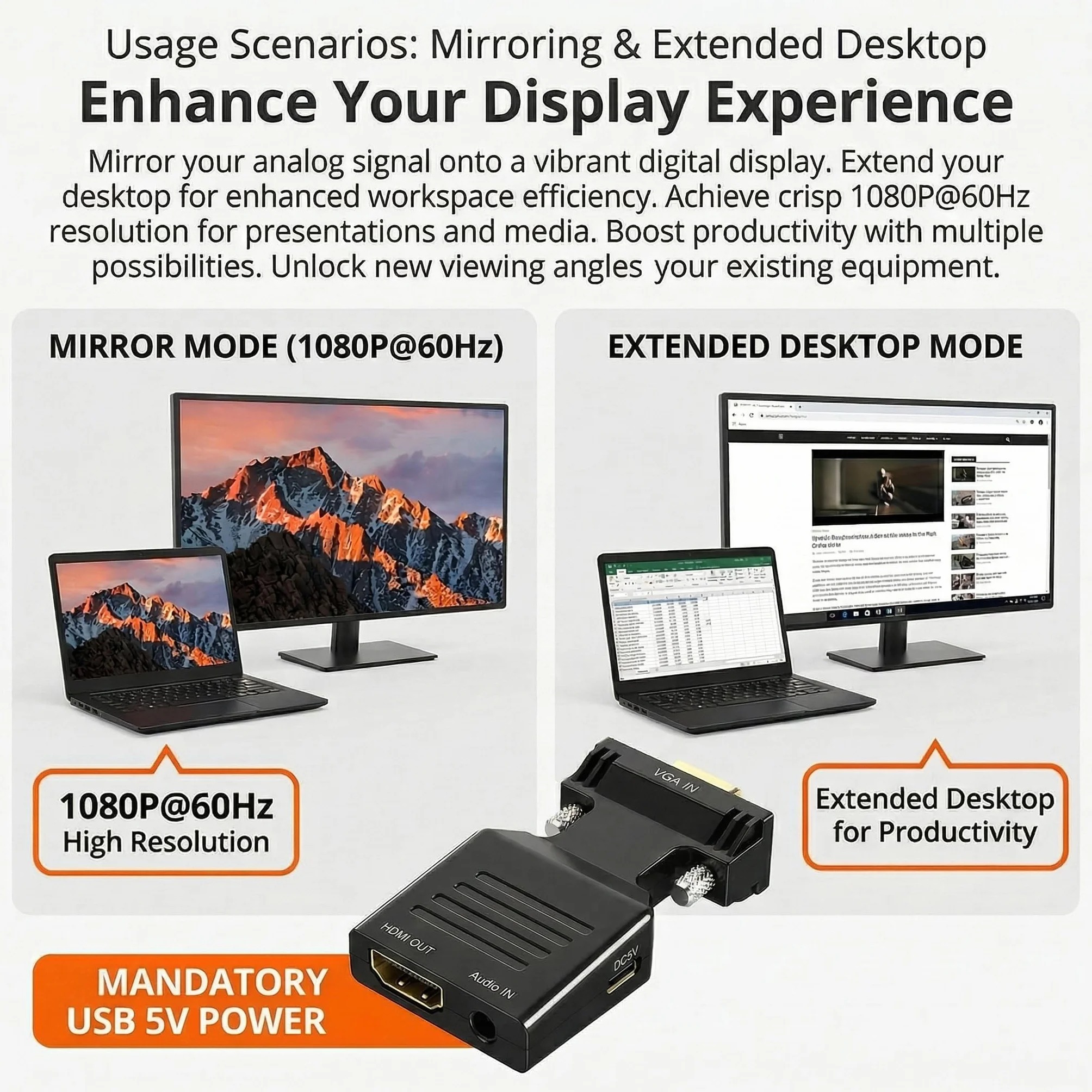 Adaptateur VGA vers HDMI 1080P 60Hz avec Câble Audio 3,5 mm Convertisseur Actif