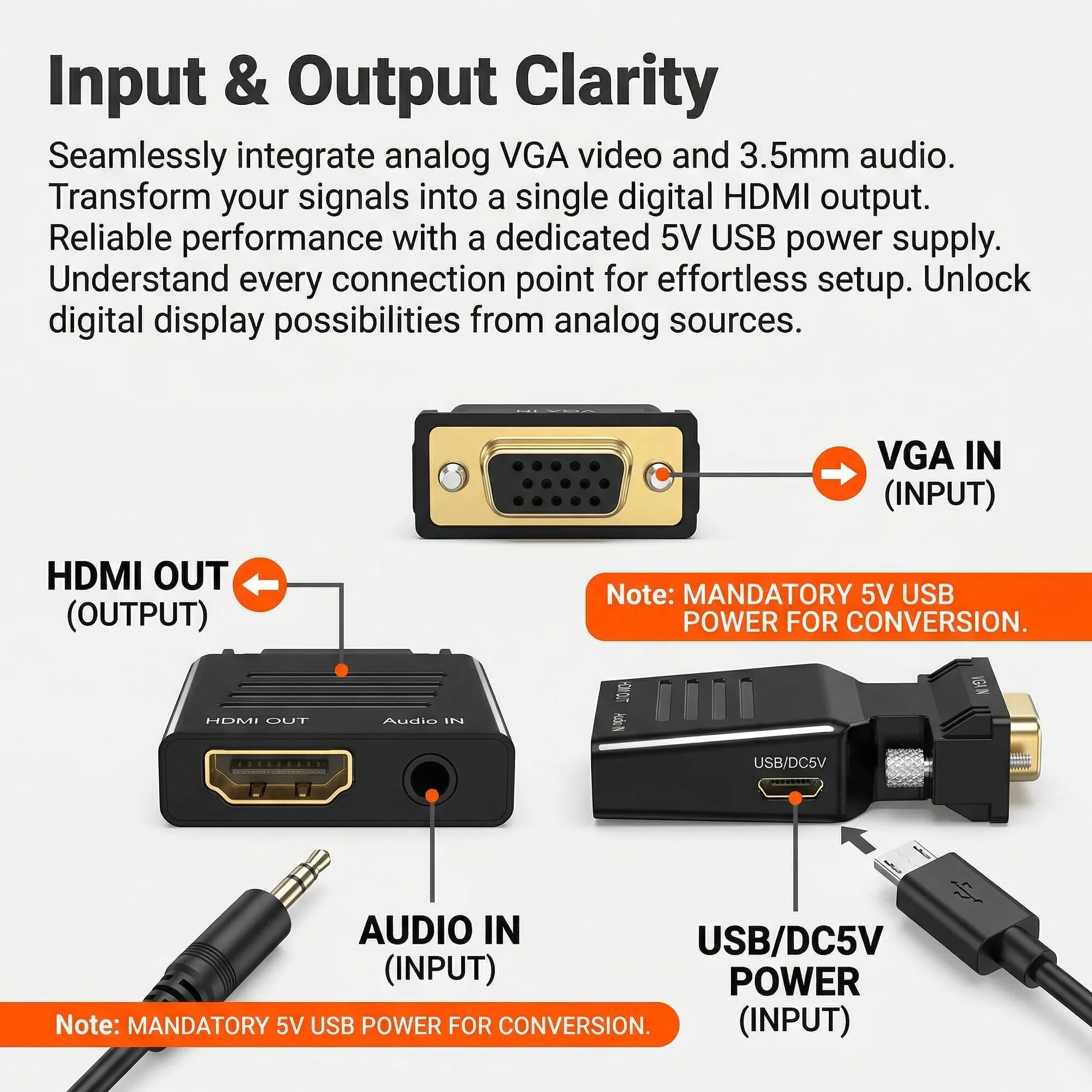 Adaptateur VGA vers HDMI 1080P 60Hz avec Câble Audio 3,5 mm Convertisseur Actif
