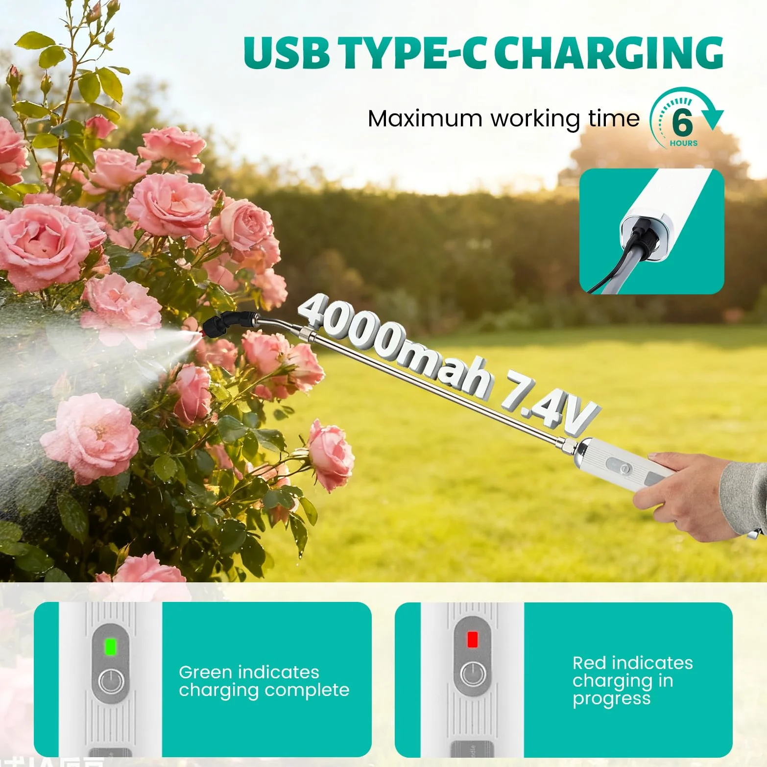 Pulvérisateur Électrique 5L sur Batterie - Atomiseur Jardin avec 3 Buses Réglables & Batterie 4000mAh - Télescopique USB Rechargeable pour Désherbant et Engrais