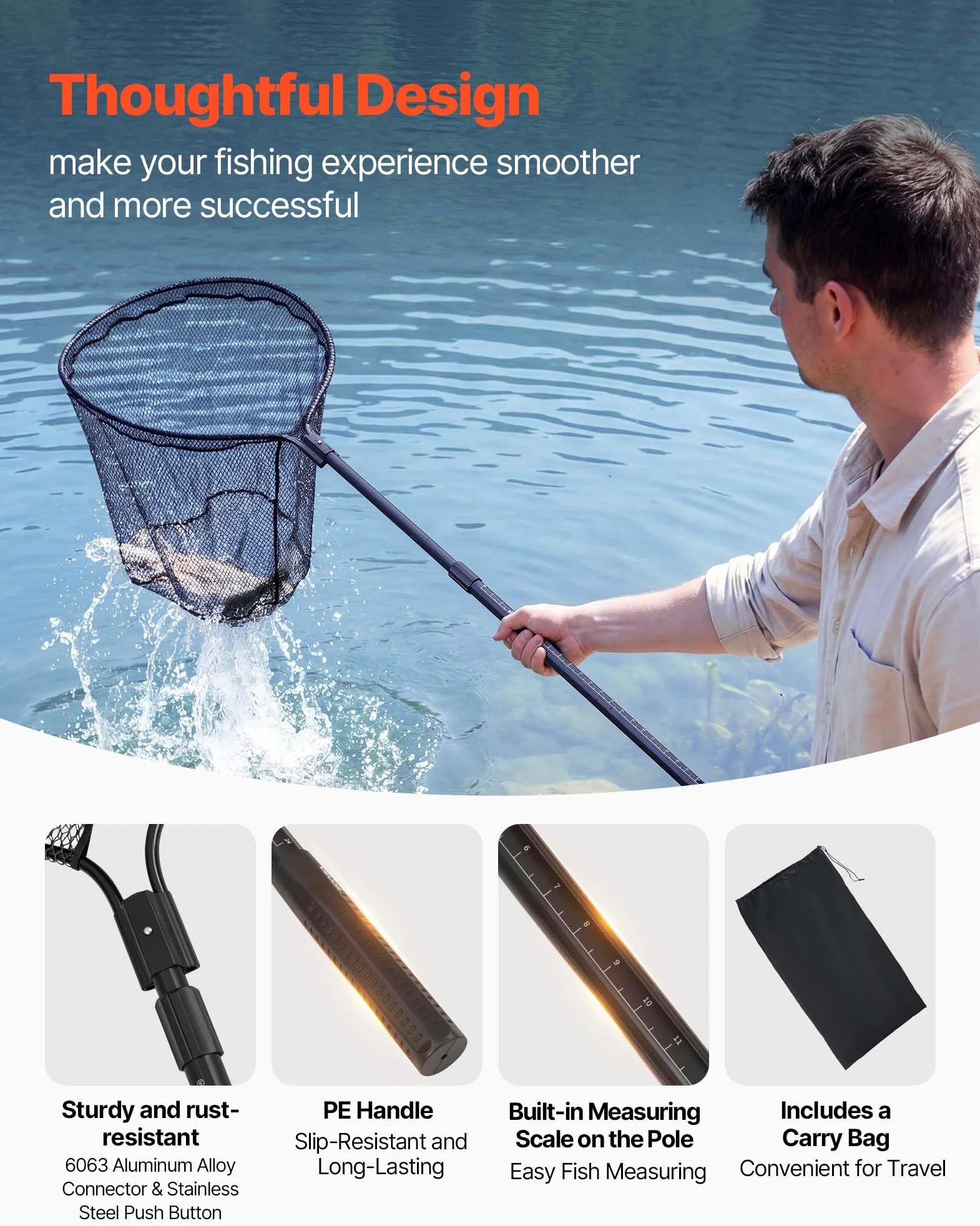 VEVOR Épuisette de Pêche, Filet de Pêche avec Manche Télescopique, pour Poisson Étang Bassin Kayak Bateau, Salabre Léger et Portable, Tige en Aluminium 6063 et Filet en Nylon Recouvert de PVC