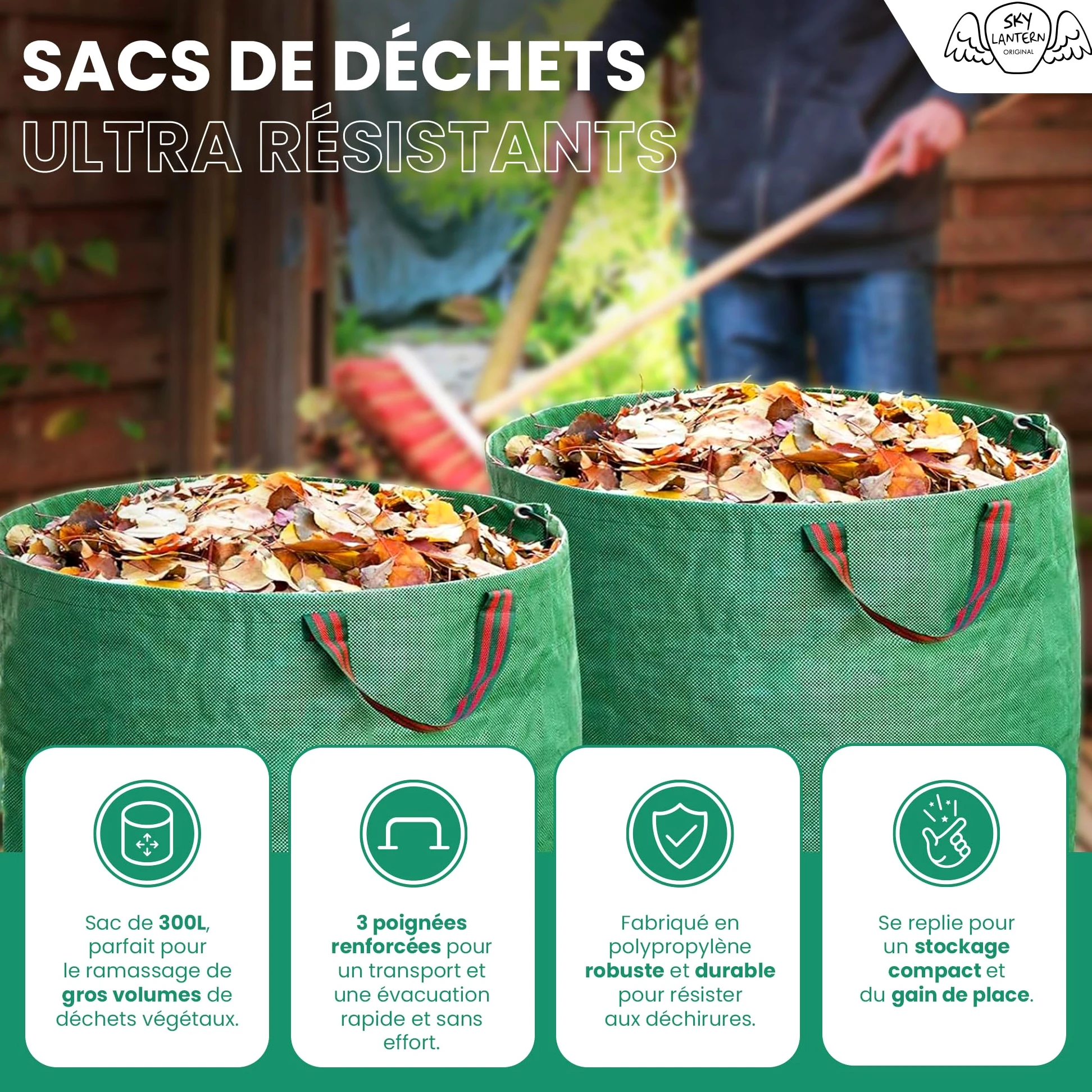 SKYLANTERN Lot de 3 * 300L Sacs de Déchets Jardin Résistants en Polypropylène – Sacs Poubelle Extérieurs avec 3 Poignées Renforcées pour Déchets Végétaux – Utile pour Déchets et Recyclage