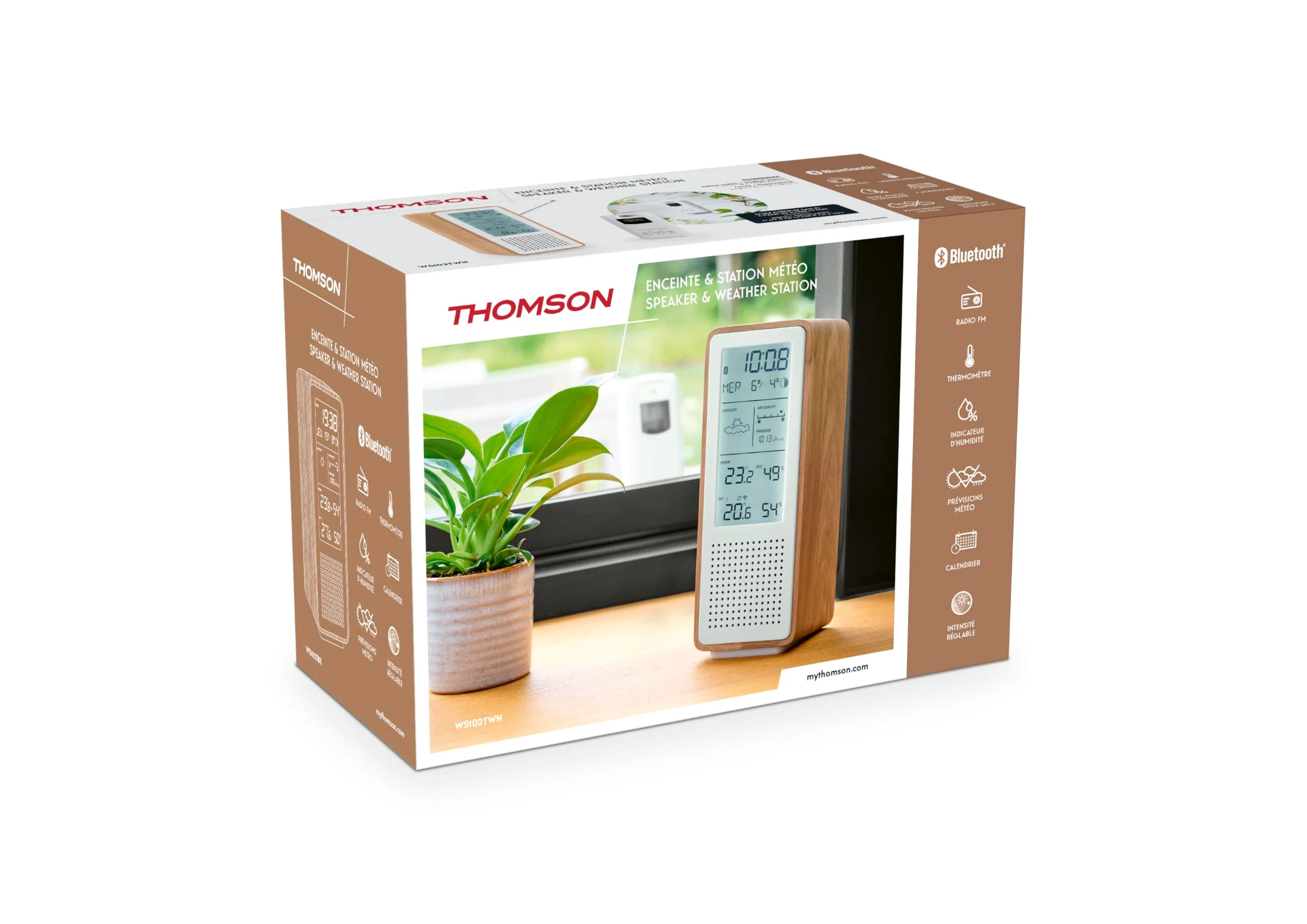 THOMSON Enceinte Bluetooth 5.3 et Station Météo Sans Fil, Radio FM, Horloge Radiopilotée, Thermomètre et Hygromètre Intérieur/Extérieur, Qualité de l'Air, Structure Bois - Blanc - WS102TWH