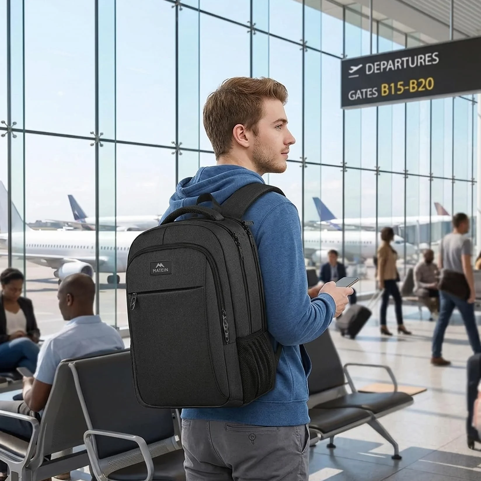 MATEIN Sac à Dos Ordinateur Portable 15.6 Pouces, Imperméable Antivol pour Travail Collège, Noir