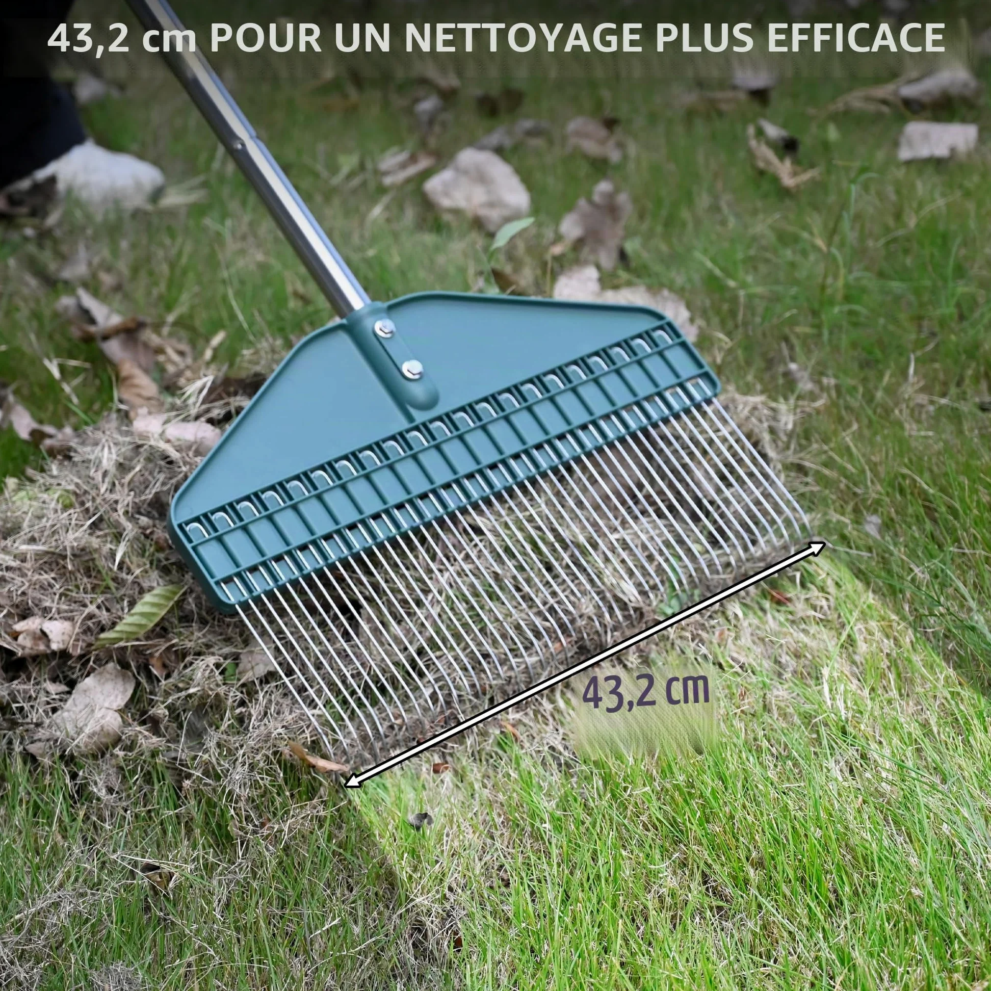 YEELOR Râteau à gazon, râteau pour feuilles, râteau de jardin avec tête de 43,2 cm – Poignée en acier inoxydable de 167,6 cm pour cour, pelouse, arbuste, parterres de jardin, poulailler