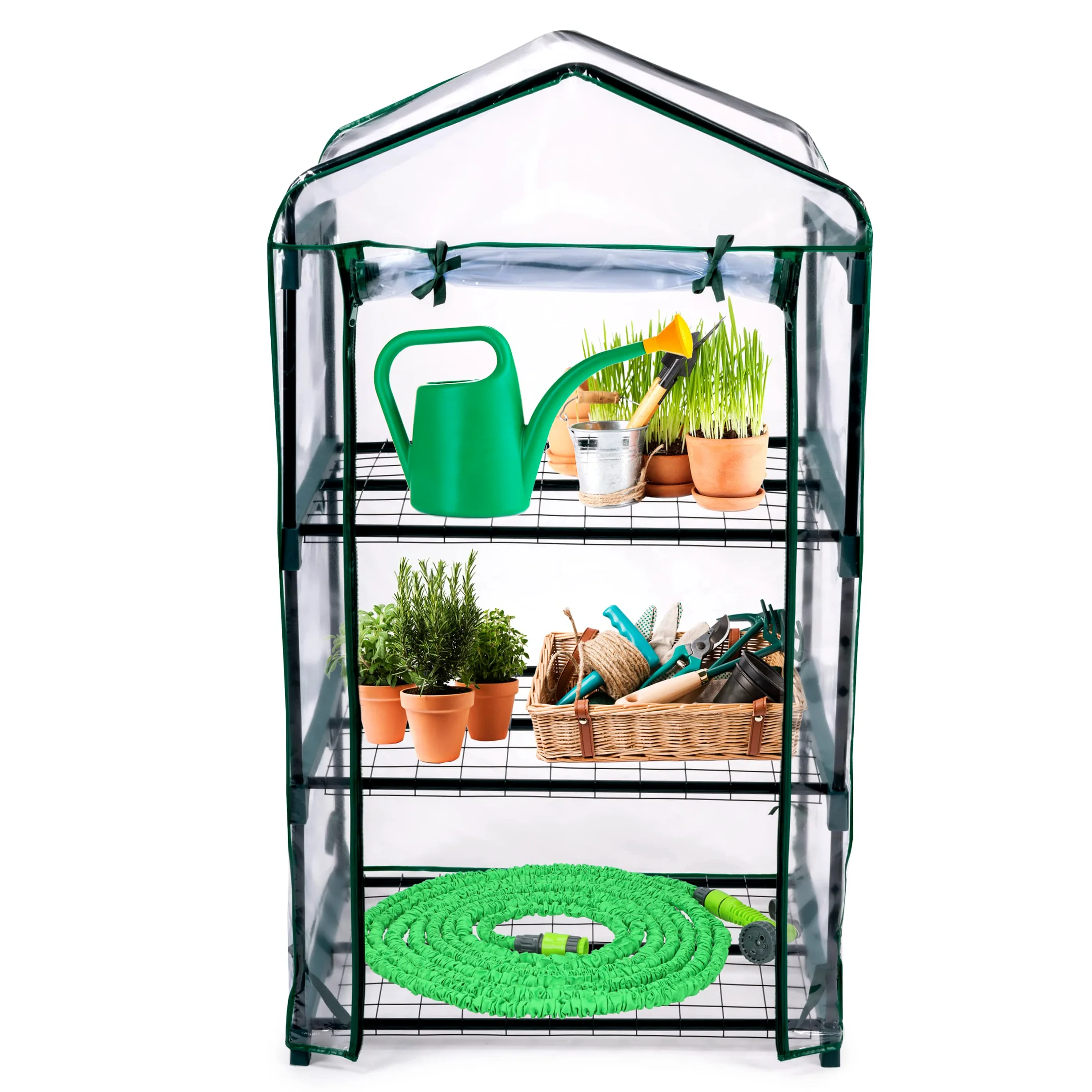 Kinzo Serre de Jardin à 3 étages - 69 x 49 x 136 cm - Transparente avec des Accents Verts