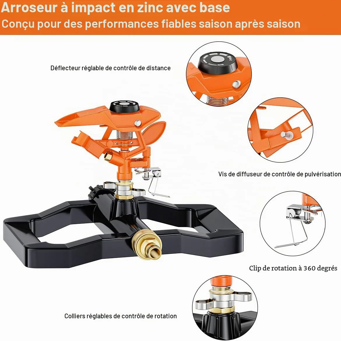 FANHAO Arroseur de Jardin à Impact pulsé Haute avec Base 100% métal, arroseurs de pelouse rotatifs à 360 degrés, pour l’arrosage Automatique du Jardin et de la pelouse. Couverture Jusqu’à 540 m²