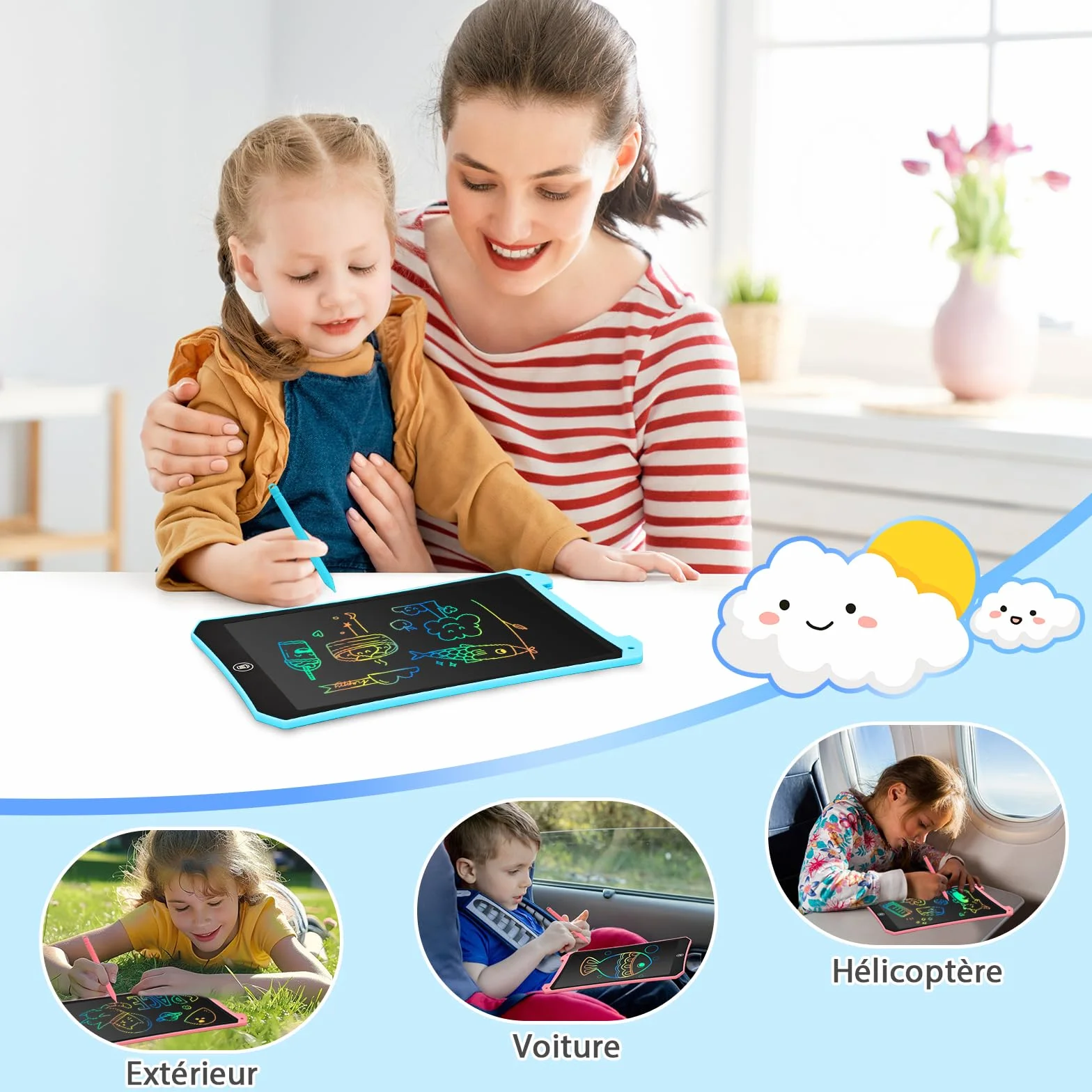 BlueSwan Tablette Magique Enfant 10 Pouces LCD, Jouet Voyage Avion Voiture, Cadeau Rentrée Anniversaire Noël (Bleu+Rose)