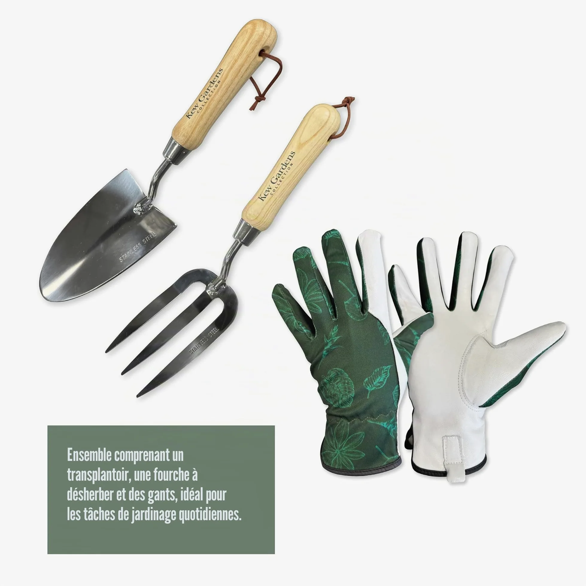 Spear & Jackson 3055KEW Coffret Cadeau Botanique Kew Gardens – Plantoir et Fourchette à Désherber en Acier Inoxydable avec Poignées en Bois FSC et Gants de Jardinage à Paume en Cuir