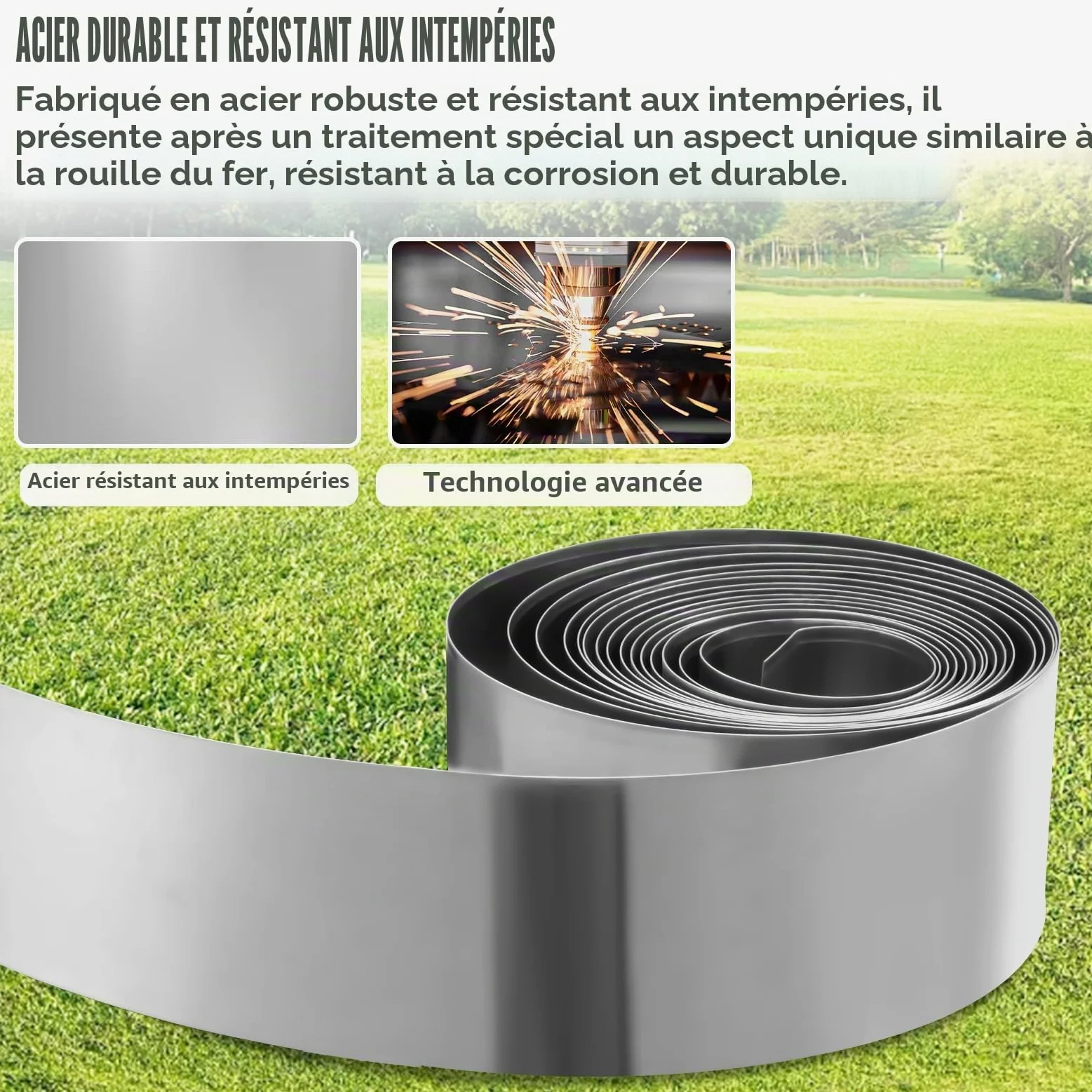 Bordure de pelouse en métal - 10 m - En acier Corten - Hauteur : 15 cm - Galvanisé - Flexible - Bordure de parterre - Décoration de jardin - Bricolage - Bordure de pelouse