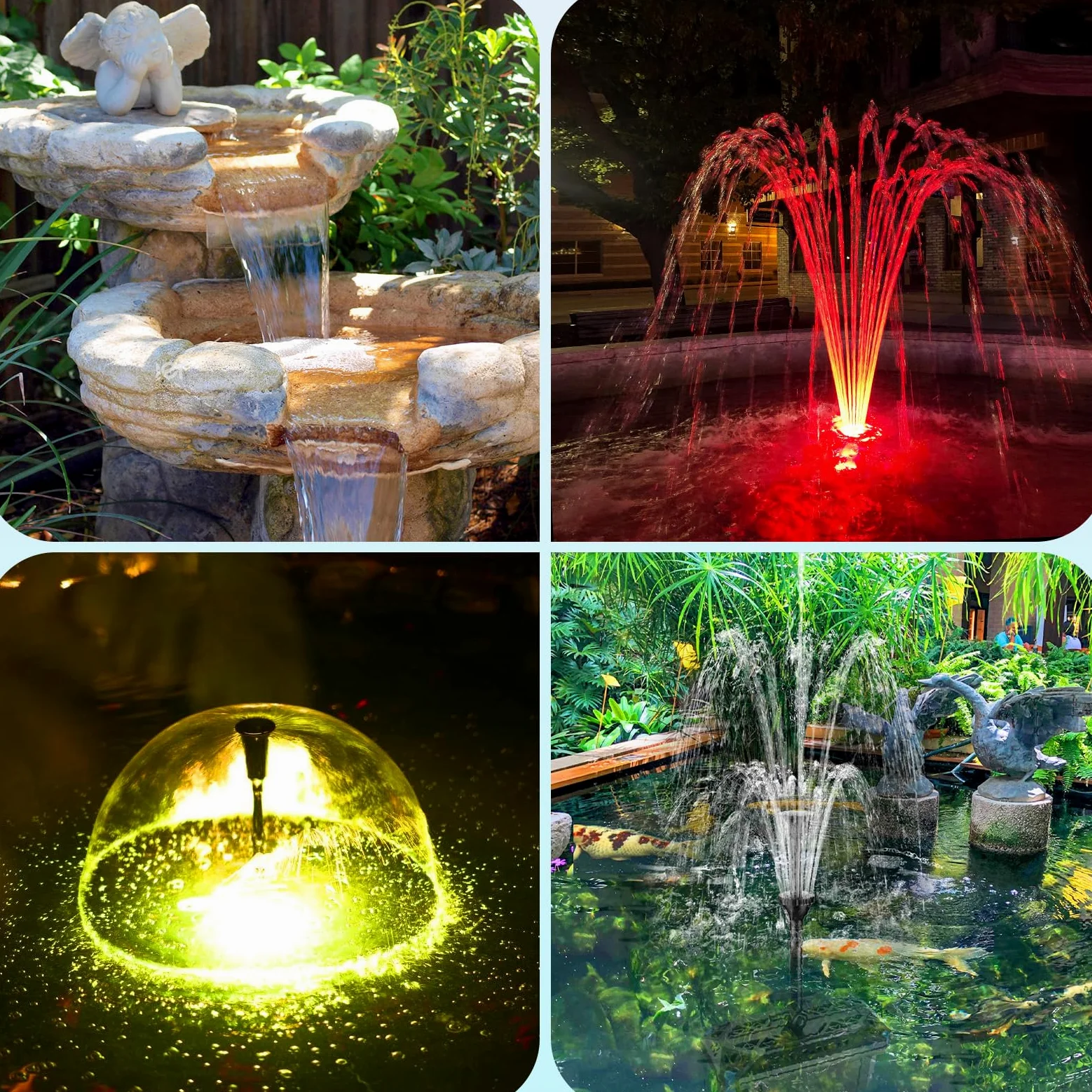 POPOSOAP Kit fontaine de bassin RGB + filtre, Pompe filtrante 2500 L/H avec LED RGB cycliques et débit réglable, Décor aquatique d’extérieur pour bassins de jardin