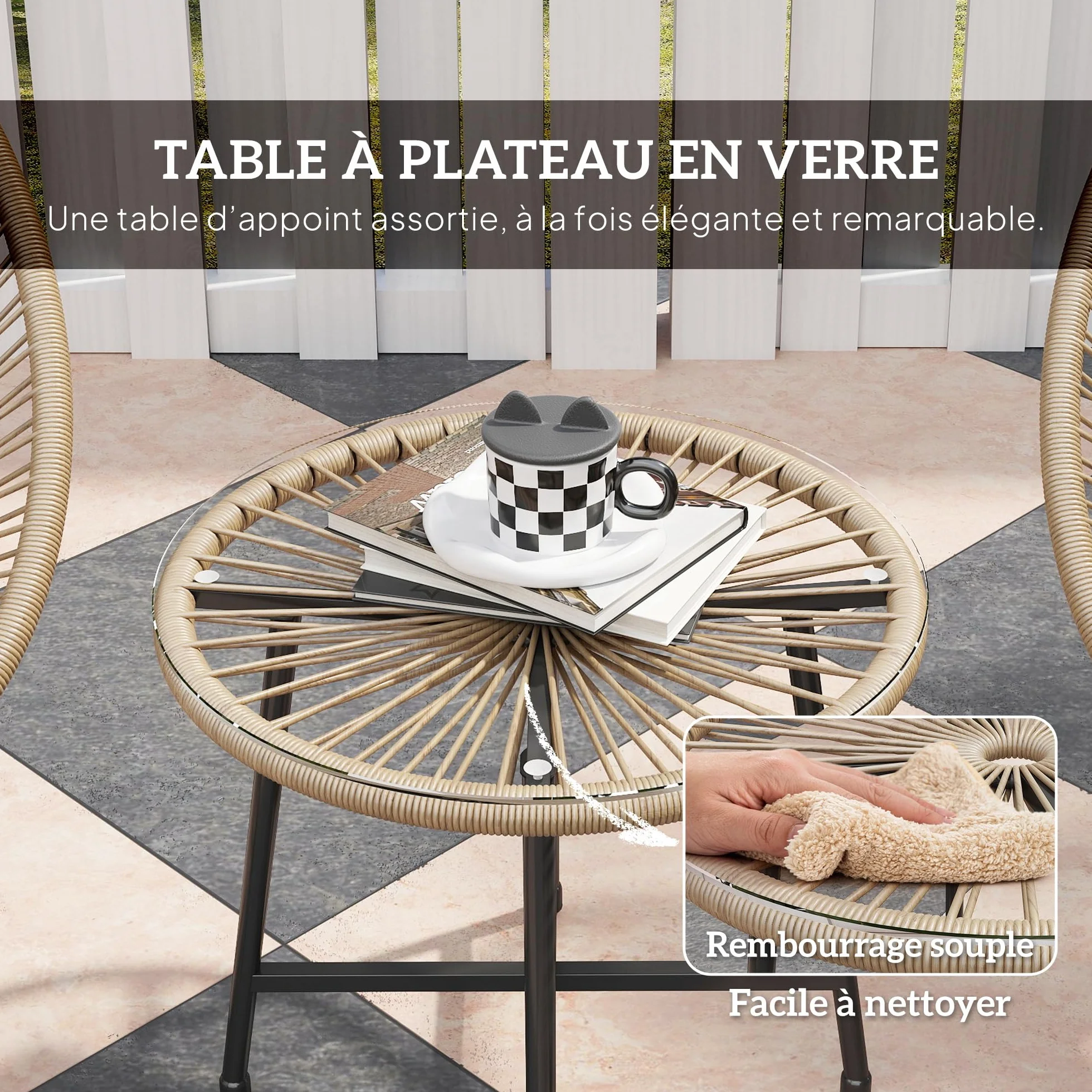 Outsunny Salon de Jardin extérieur en résine tressée 2 Personnes, Table avec 2 chaises, Plateau en Verre trempé, Naturel