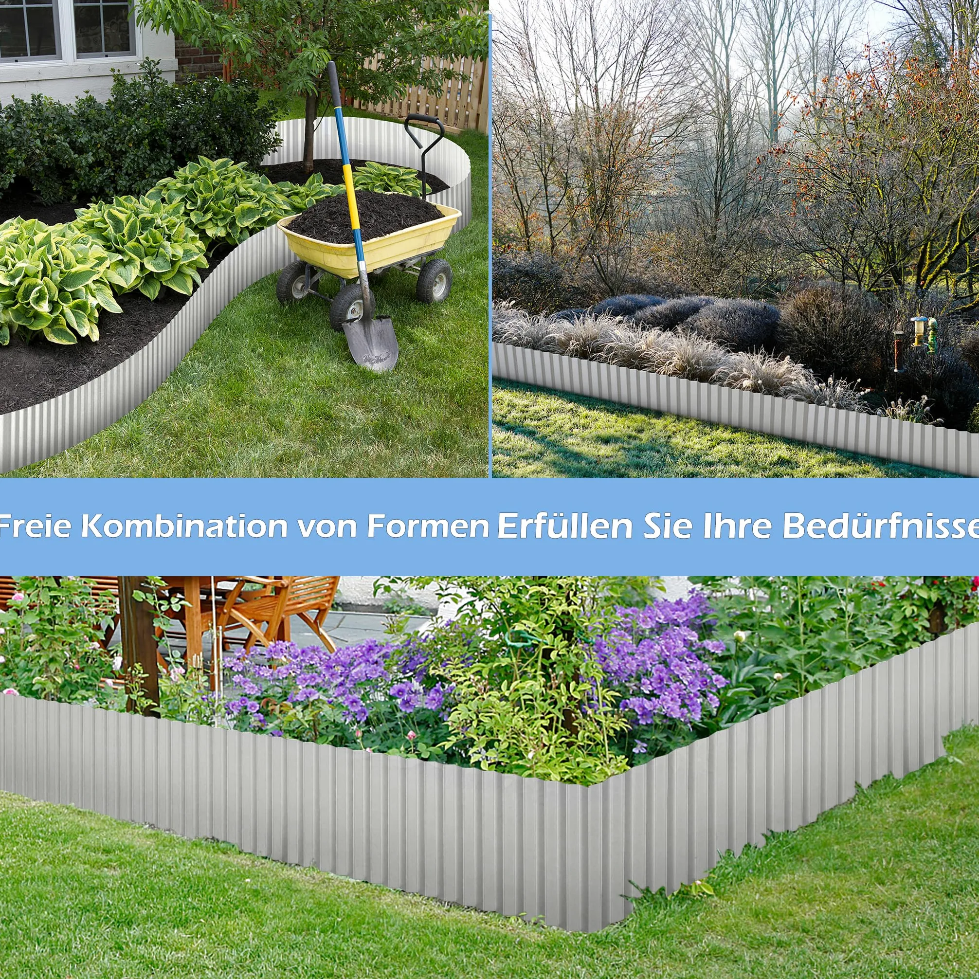 Aufun Bordure de pelouse flexible en métal argenté - Longueur de 20 m - Bordure de parterre galvanisée - 15 cm de hauteur - Bordure de pelouse idéale pour délimitation de pelouse, bordure de parterre