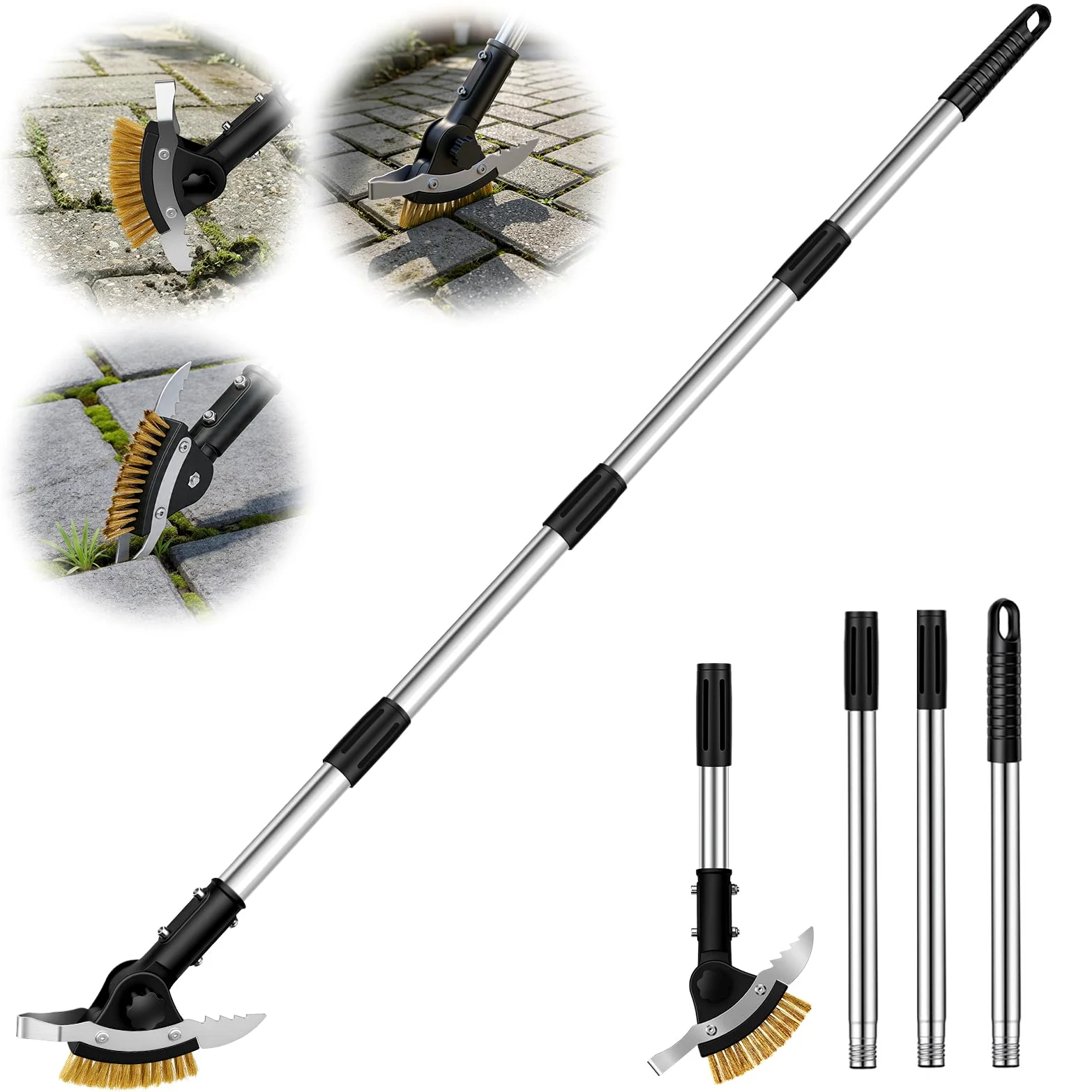 Hysagtek Grattoir à joints de jardin - Brosse à joints 3 en 1 - 150 cm - Réglable - Avec manche - Nettoyeur de joints avec brosse en mousse et 2 grattoirs en acier inoxydable - Pour escaliers