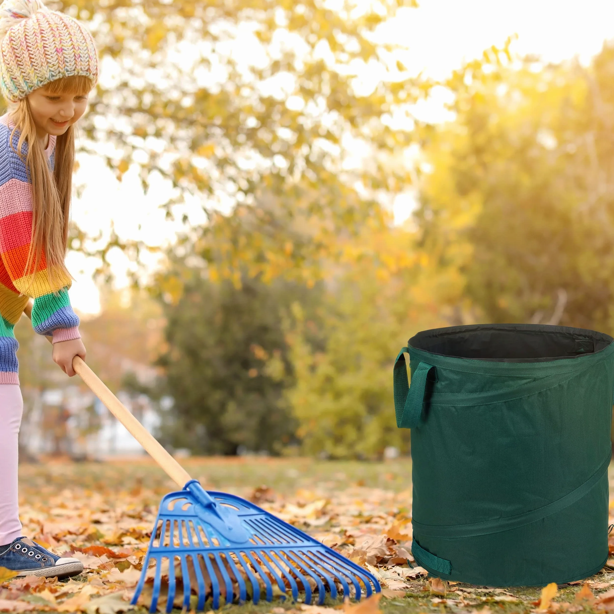 Relaxdays Sacs à déchets de Jardin autoportants, Lot de 3, 90 L, 3 poignées, Poubelle, résistant aux UV, étanche, Vert