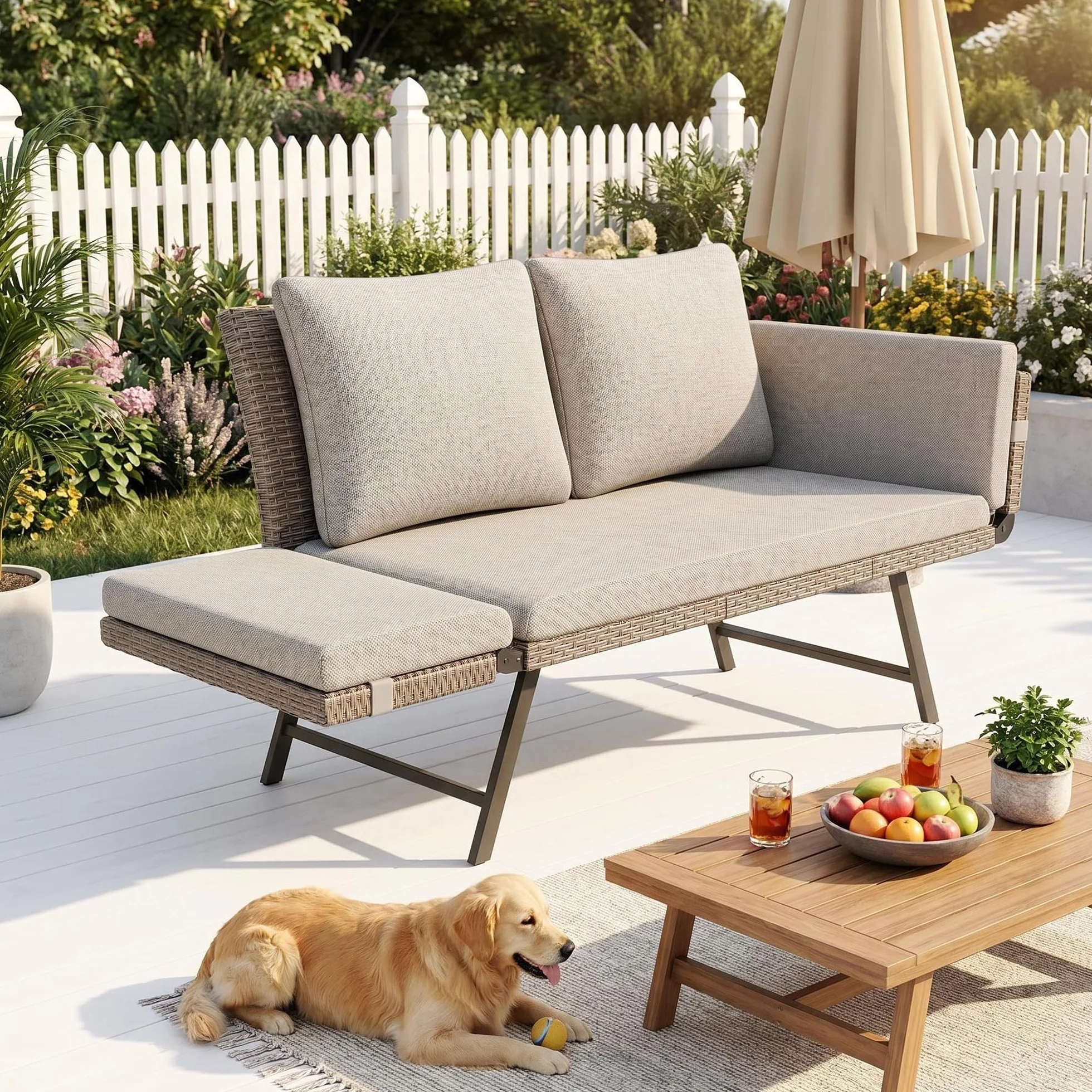 Lot de 2 Canapé de Jardin 2 Places en Poly Rottin avec Accoudoirs Réglables, Chaise Longue pour Terrasse Balcon Patio, Meuble de Jardin avec Coussins Lavables Beige