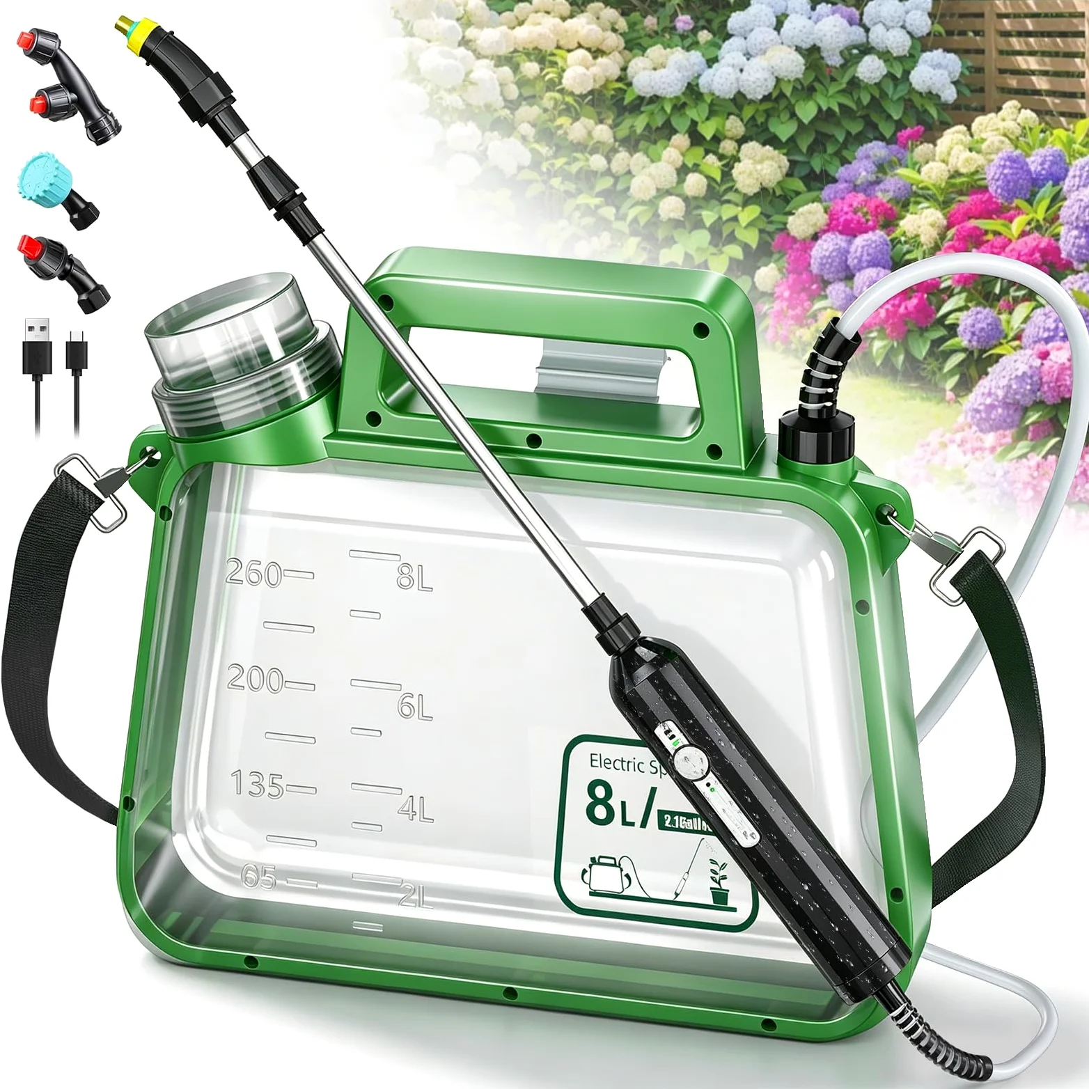 Pulvérisateur électrique de jardin rechargeable par USB, pulvérisateur à dos avec pompe étanche, baguette de pulvérisation télescopique, 4 buses, 2 vitesses et indicateurs de batterie, pour