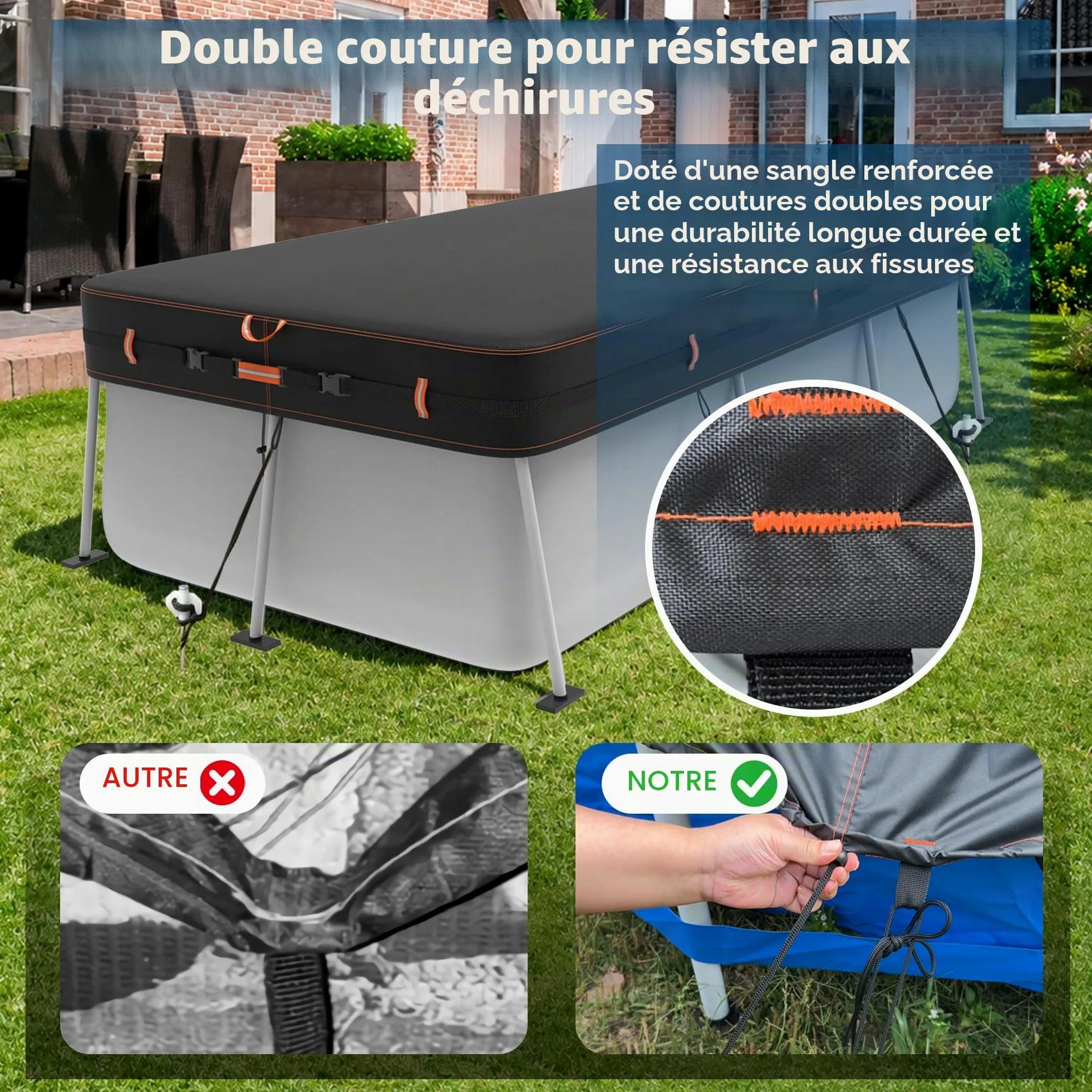 BâChe Rectangulaire 420D pour Piscine Hors Sol, RéSistante Aux UV Et Aux DéChirures, Disponible en Plusieurs Tailles 284x558cm, Protection Coupe-Vent avec Bandes RéFléChissantes.