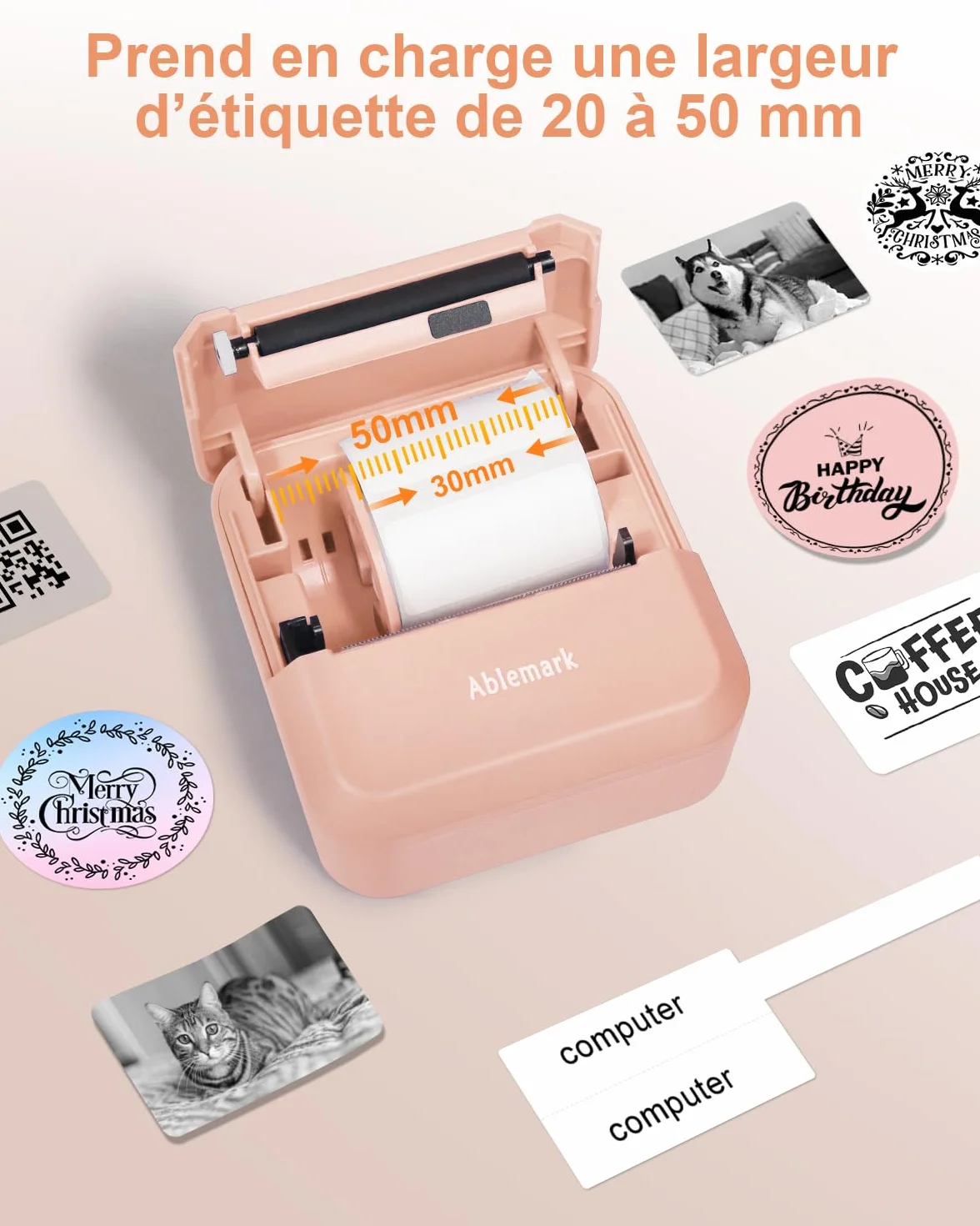 Mini Imprimante Thermique Portable Bluetooth sans Encre, Étiqueteuse Autocollante 1 Rouleau (12-50mm)