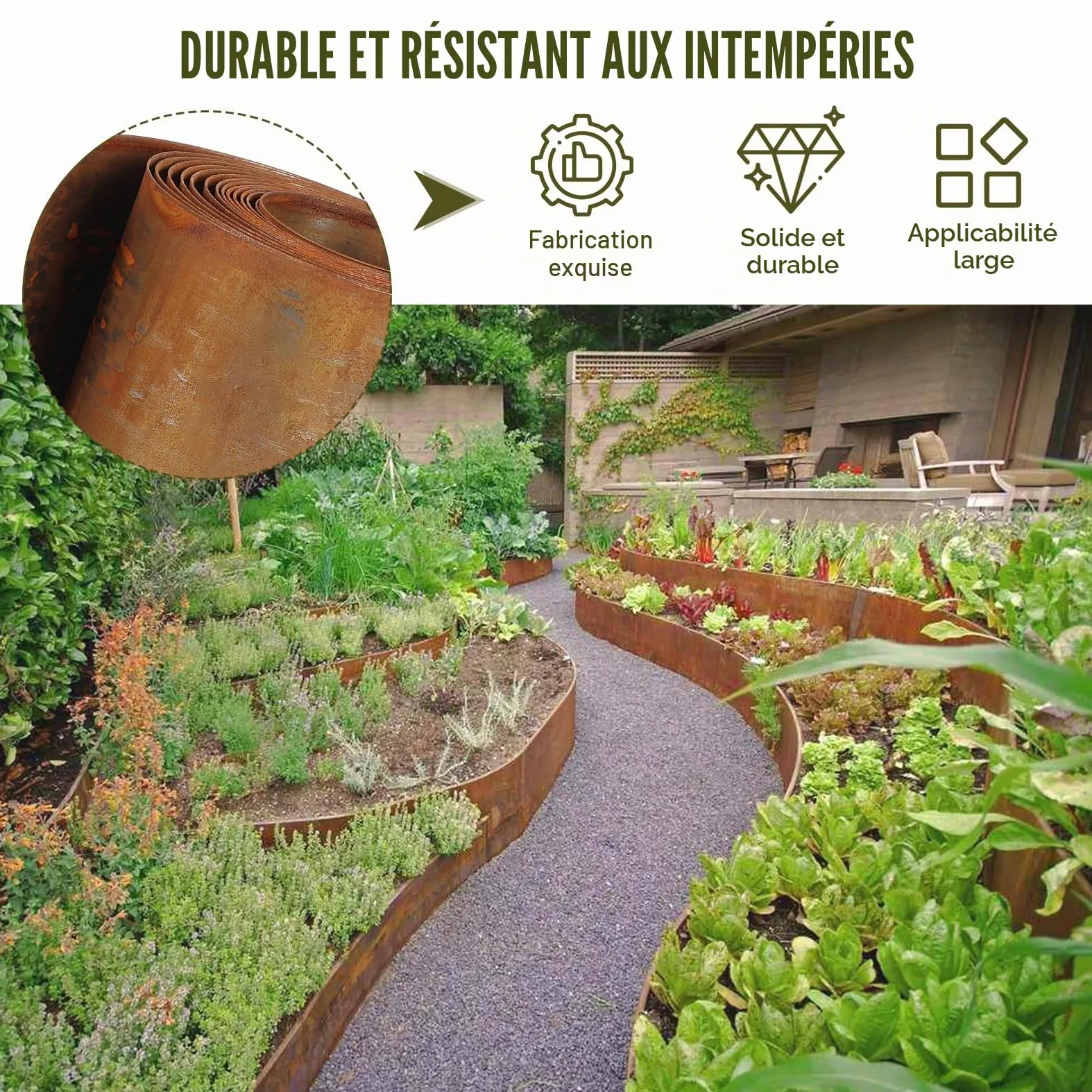 Bordure de pelouse en acier Corten 5 m x 20 cm - Bordure de parterre en métal aspect rouille - Bordure de pelouse flexible - Avec 1 paire de gants - Pour délimiter les parterres de fleurs, les allées