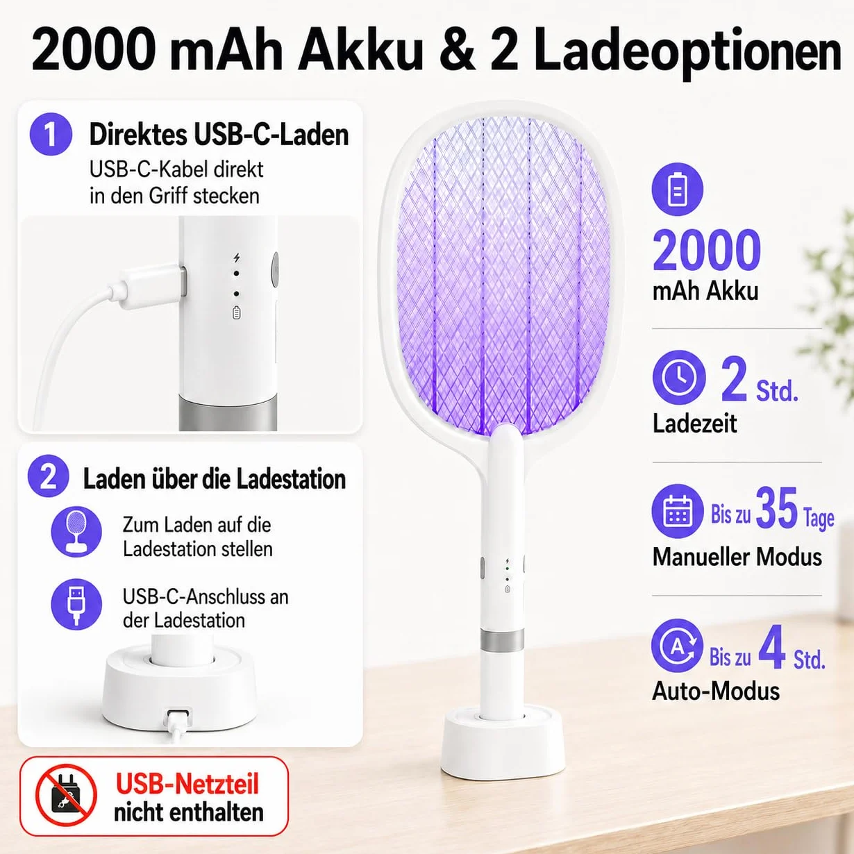Raquette Electrique Insectes 5000V 2000mAh Anti Moustique UV USB-C Rechargeable 2 en 1 Intérieur Extérieur