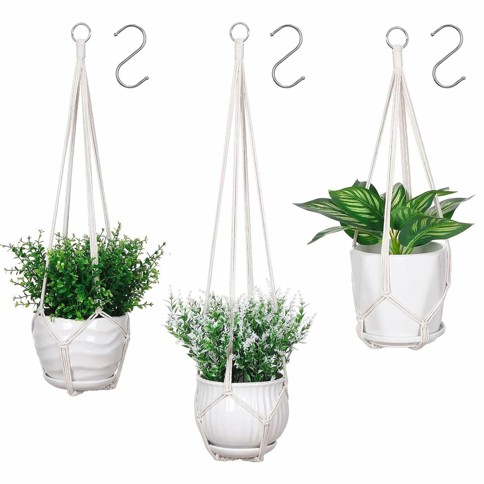 Suspensions pour Plantes en Macramé Lot de 3, Crochets Inclus, Support Intérieur Extérieur, Style Boho, Ivoire