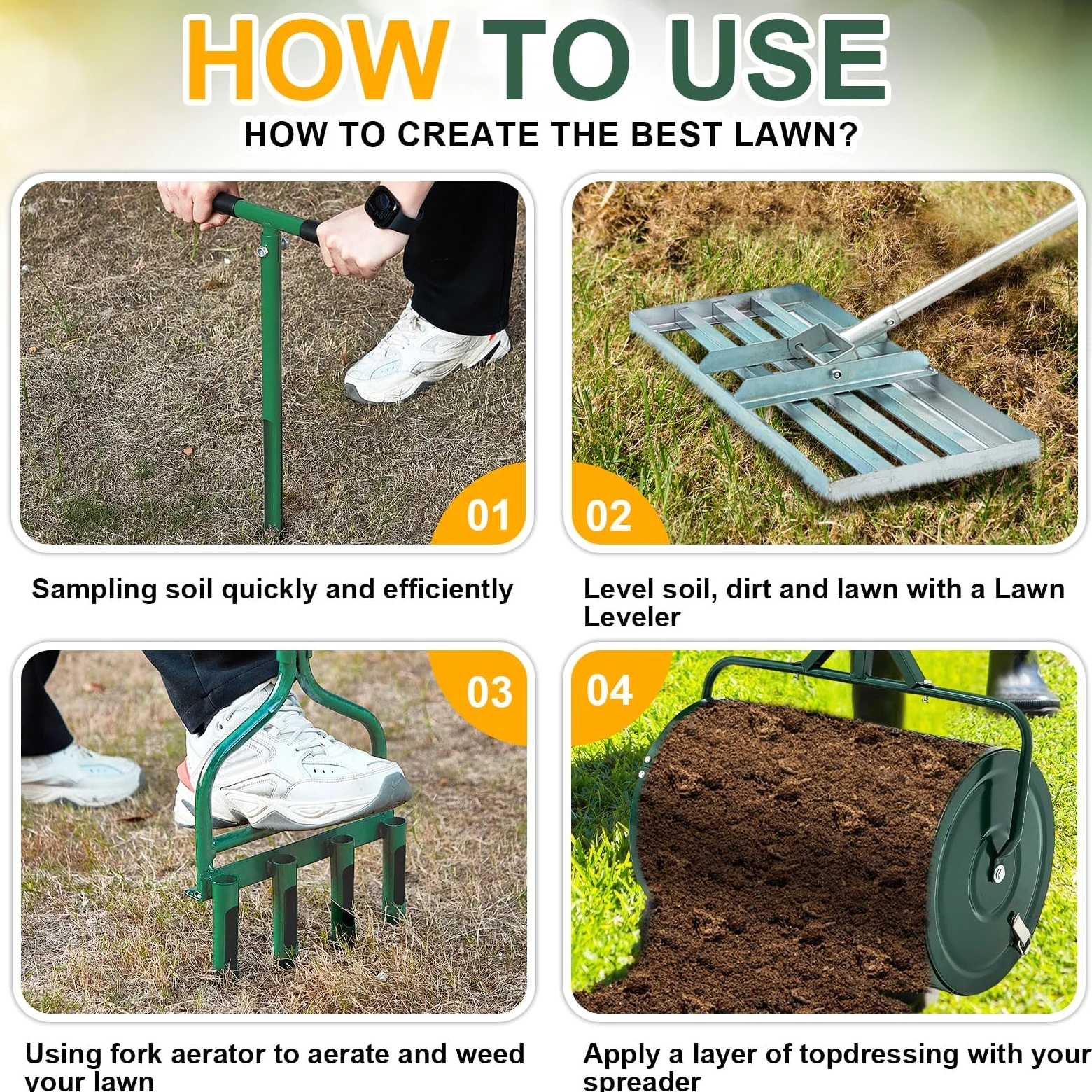 Outils de Jardin 4 pièces épandeur de Compost et de Mousse de Tourbe Ensemble d'entretien de la pelouse, épandeur de Compost 15,7 x 24, pour l'entretien de la pelouse et du Jardin