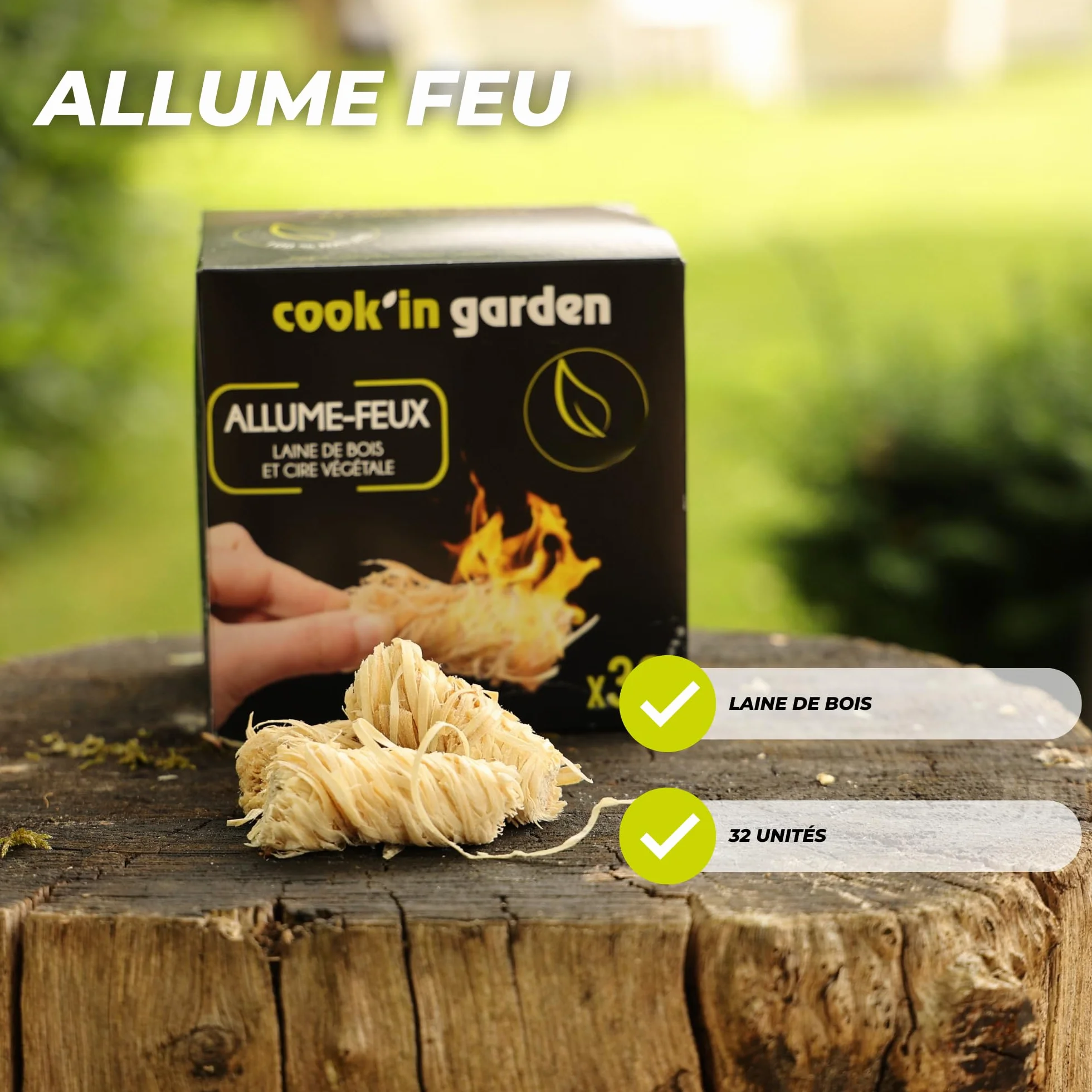 Cook’in Garden Allume-Feu 32 Cubes Laine de Bois FSC® 100% Barbecue Brasero Poêle Cheminée